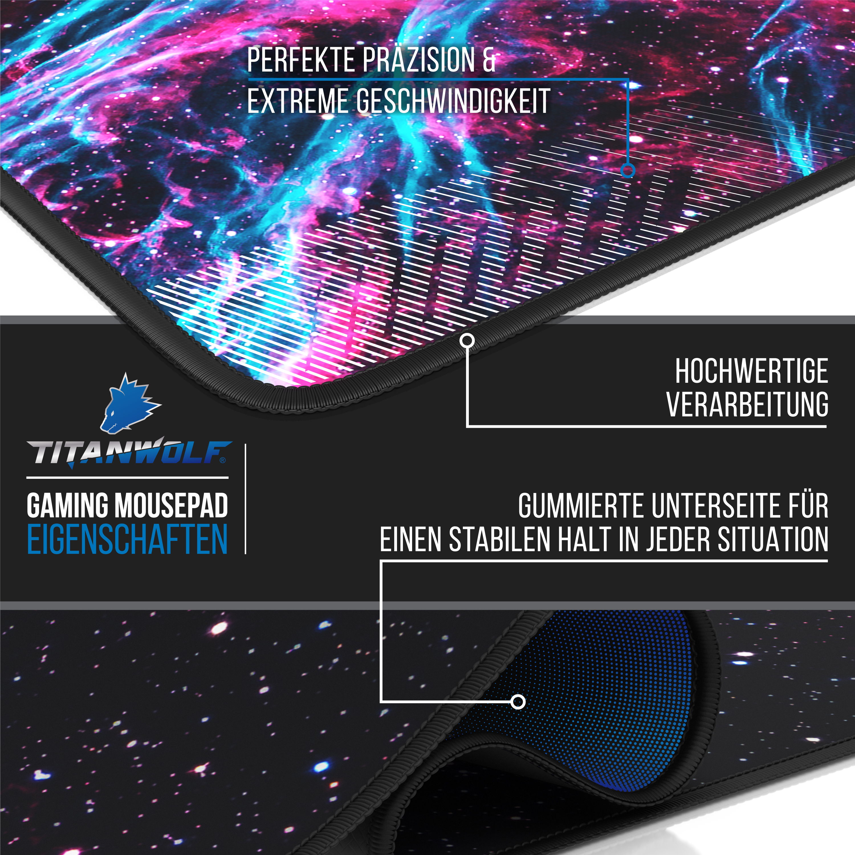 Ein Gaming-Mauspad mit Galaxie-Design, Text auf Deutsch.