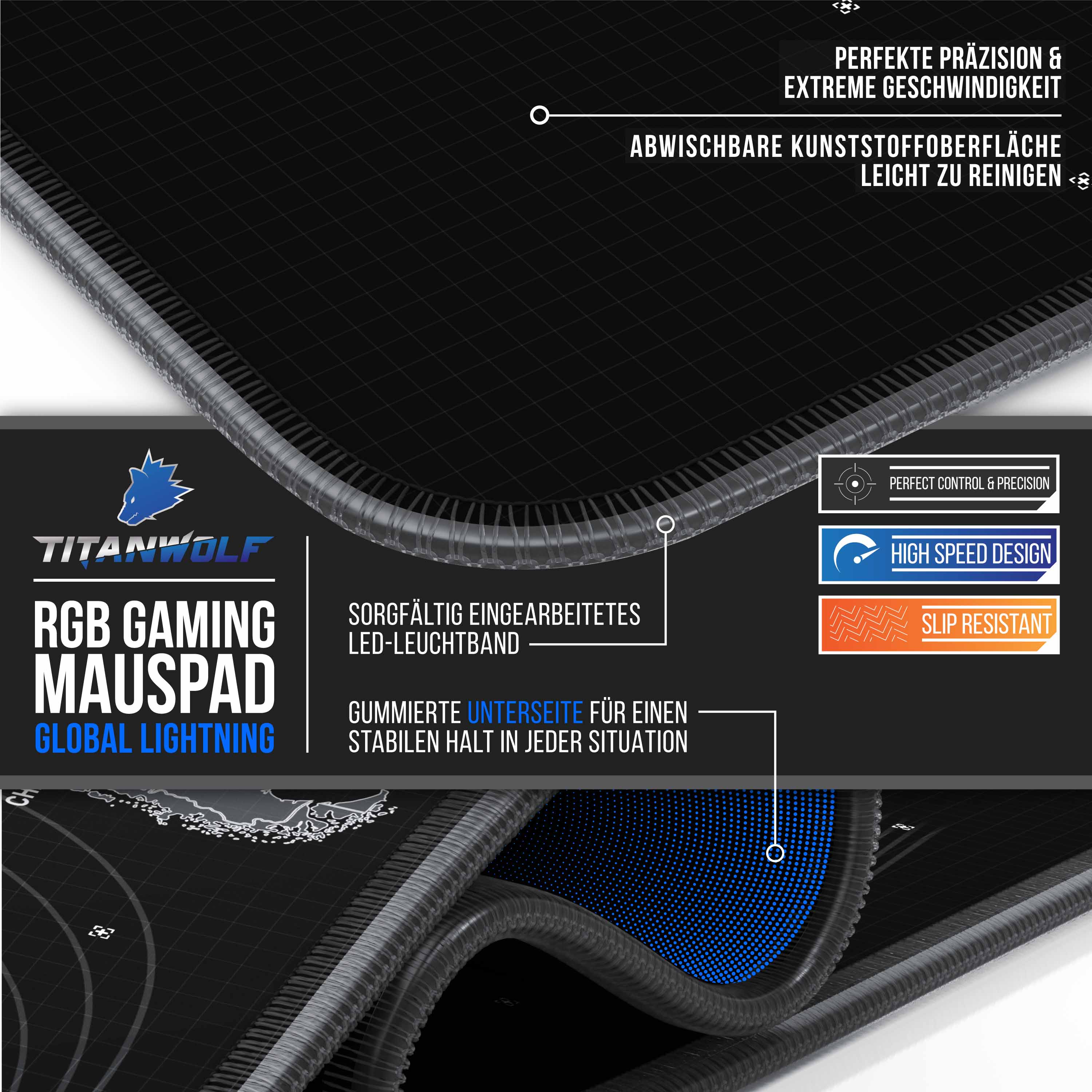 Nahaufnahme eines schwarzen und grauen Titanwolf Gaming-Mauspads mit Text.