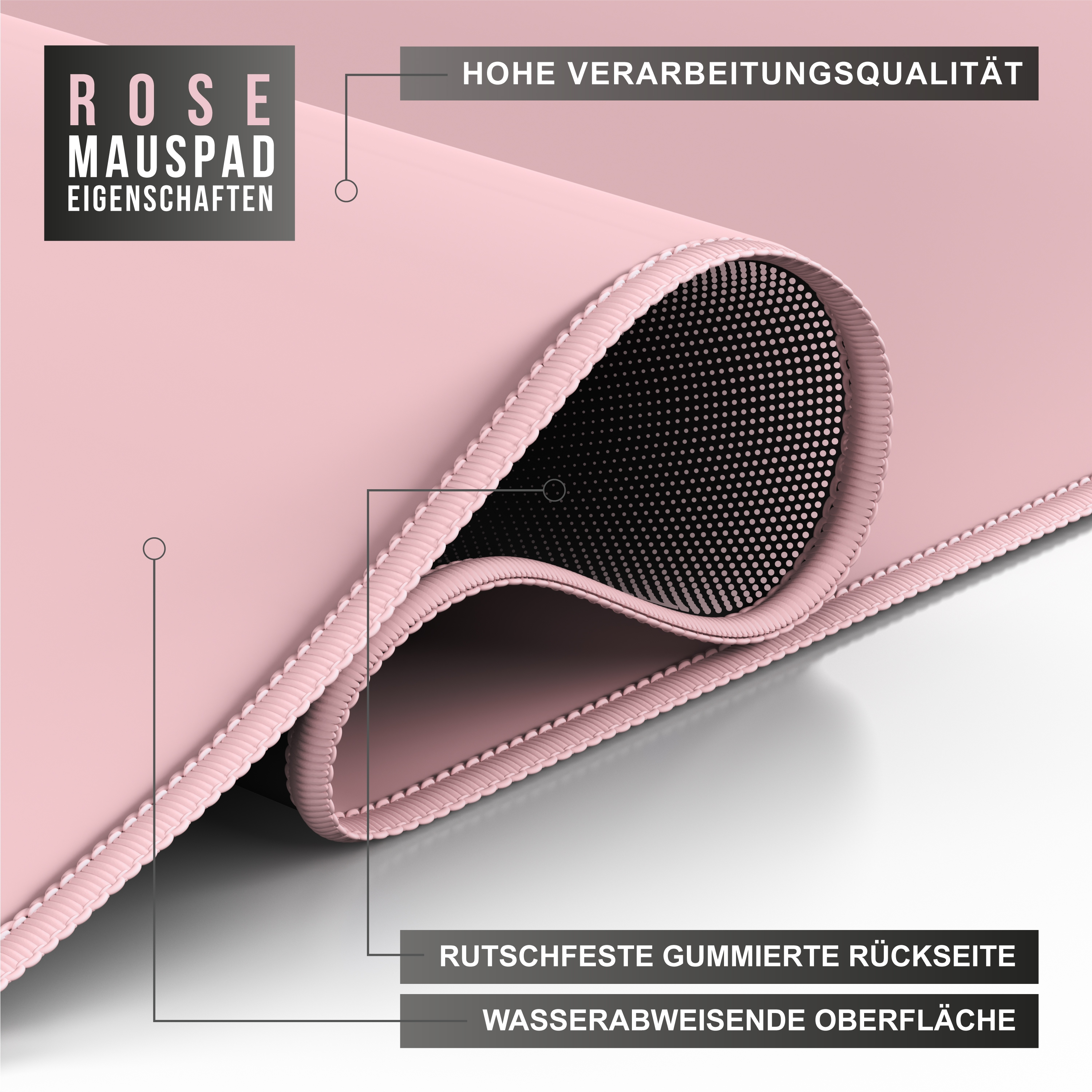 Nahaufnahme eines rosa Mauspads. Merkmale: rutschfeste Gummi-Rückseite und wasserabweisende Oberfläche.