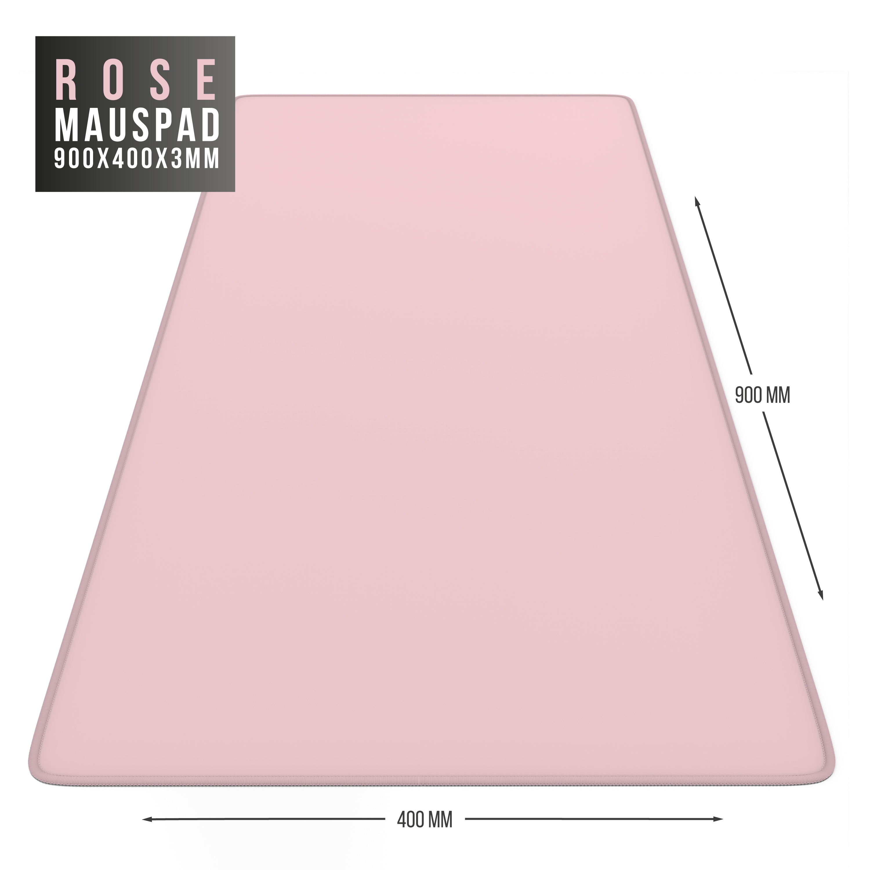 Rosa Mauspad mit Abmessungen in mm. Beschriftung: ROSE MAUSPAD.