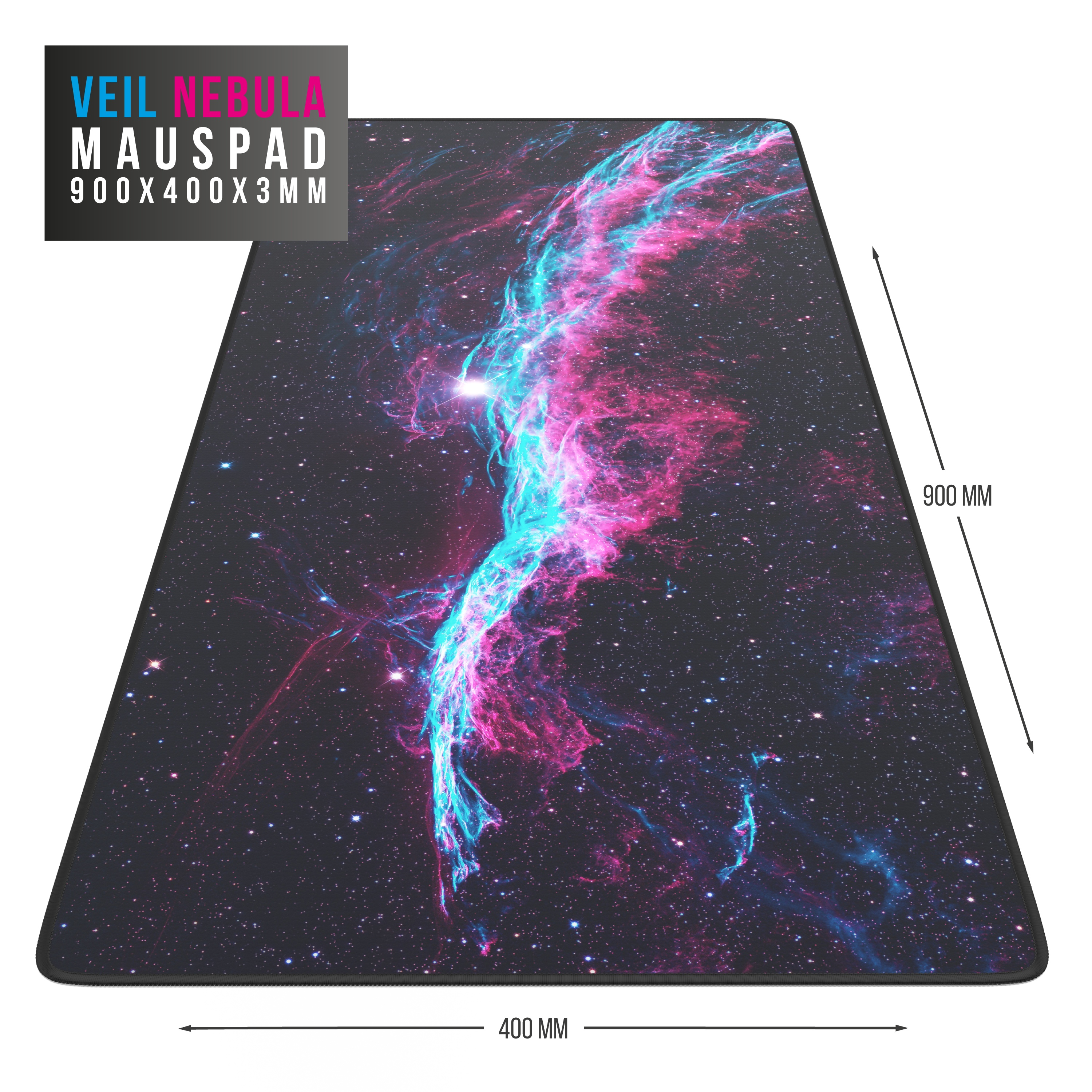Veil Nebula-Mauspad, großes Rechteck mit Nebeldesign und Maßen: 900x400x3 mm.