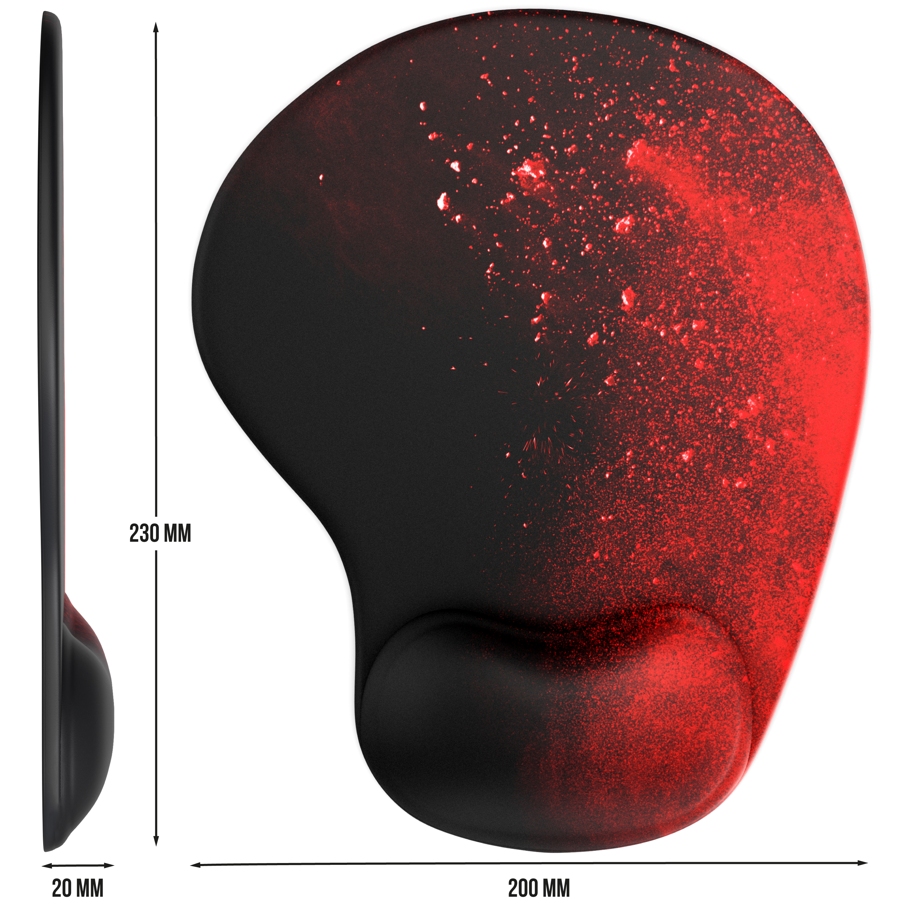 Ein schwarzes und rotes ergonomisches Mauspad mit Handballenauflage. Mit rotem Spritzmuster.