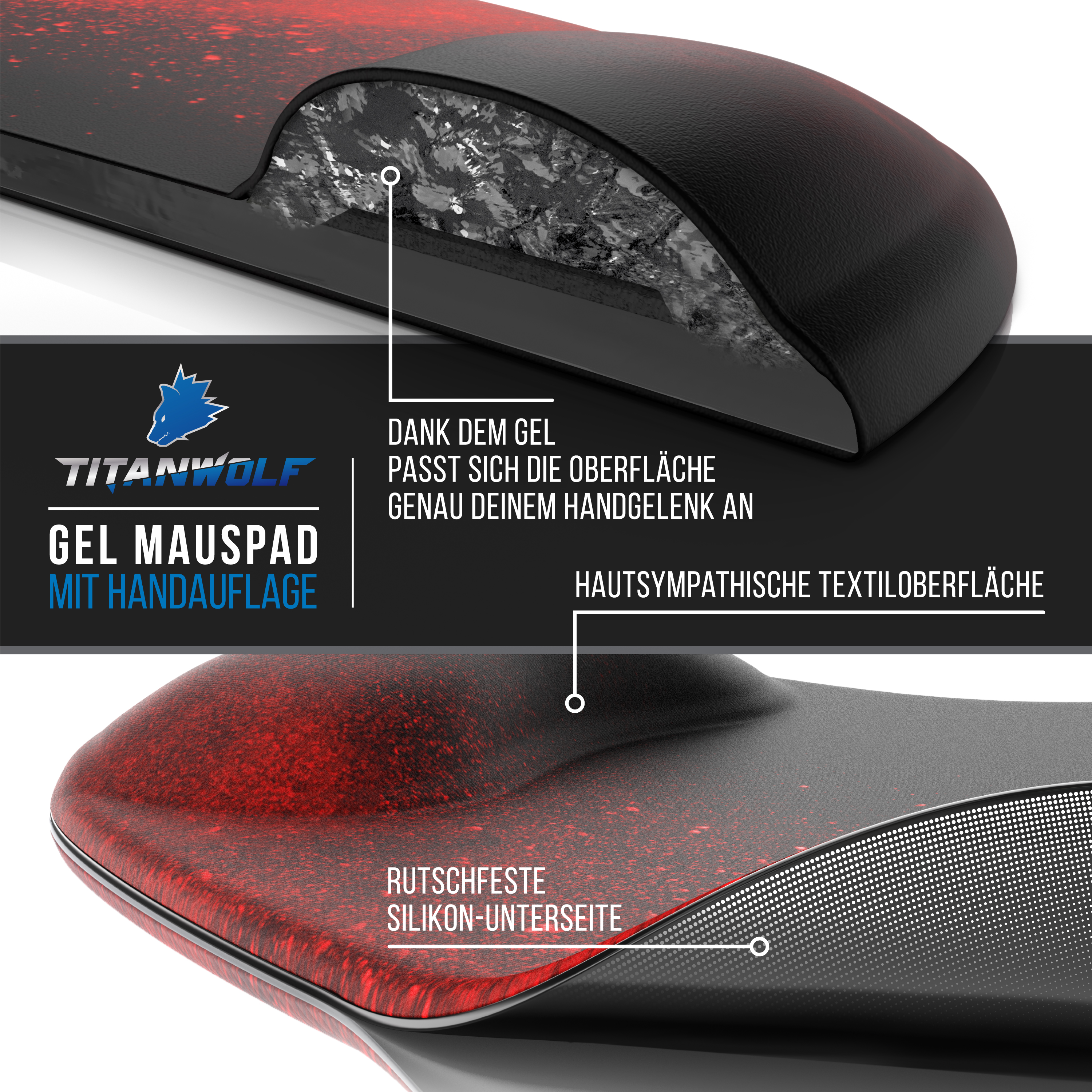 Schwarzes und rotes Gel-Mauspad mit Handauflage. Nahaufnahme zeigt Oberflächenstruktur und Markenlogo.