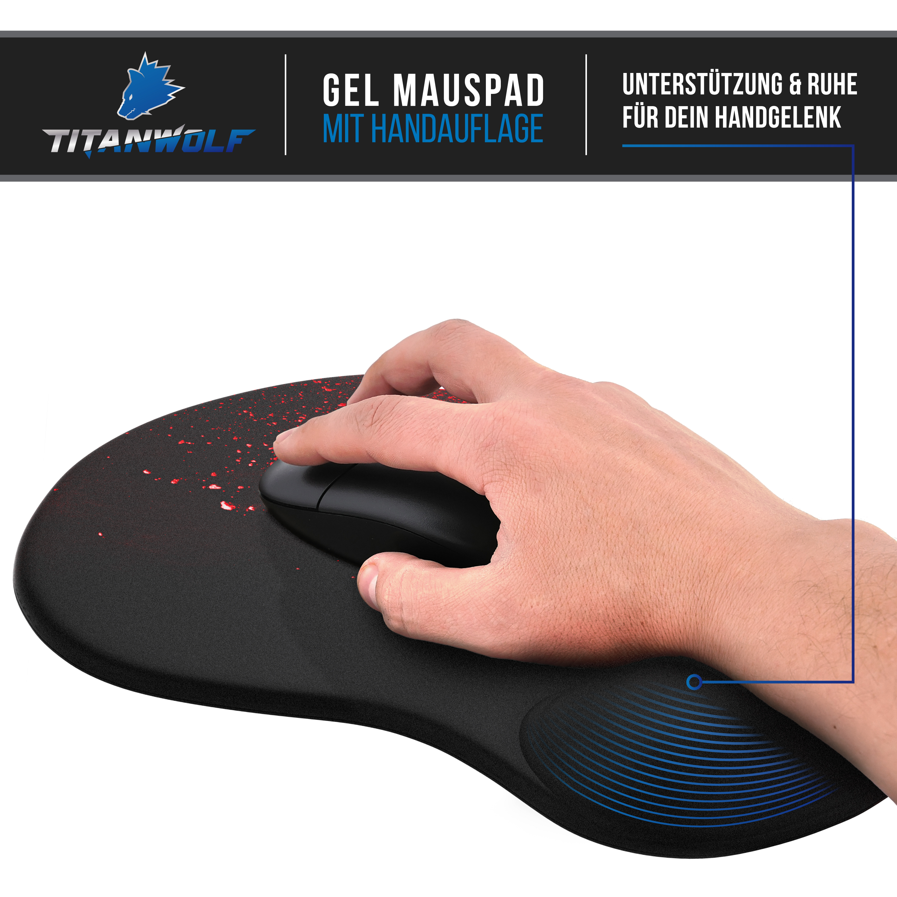 Hand auf schwarzem Gel-Mauspad mit Handgelenkauflage, Maus darauf. Text: Gel-Mauspad mit Handauflage.