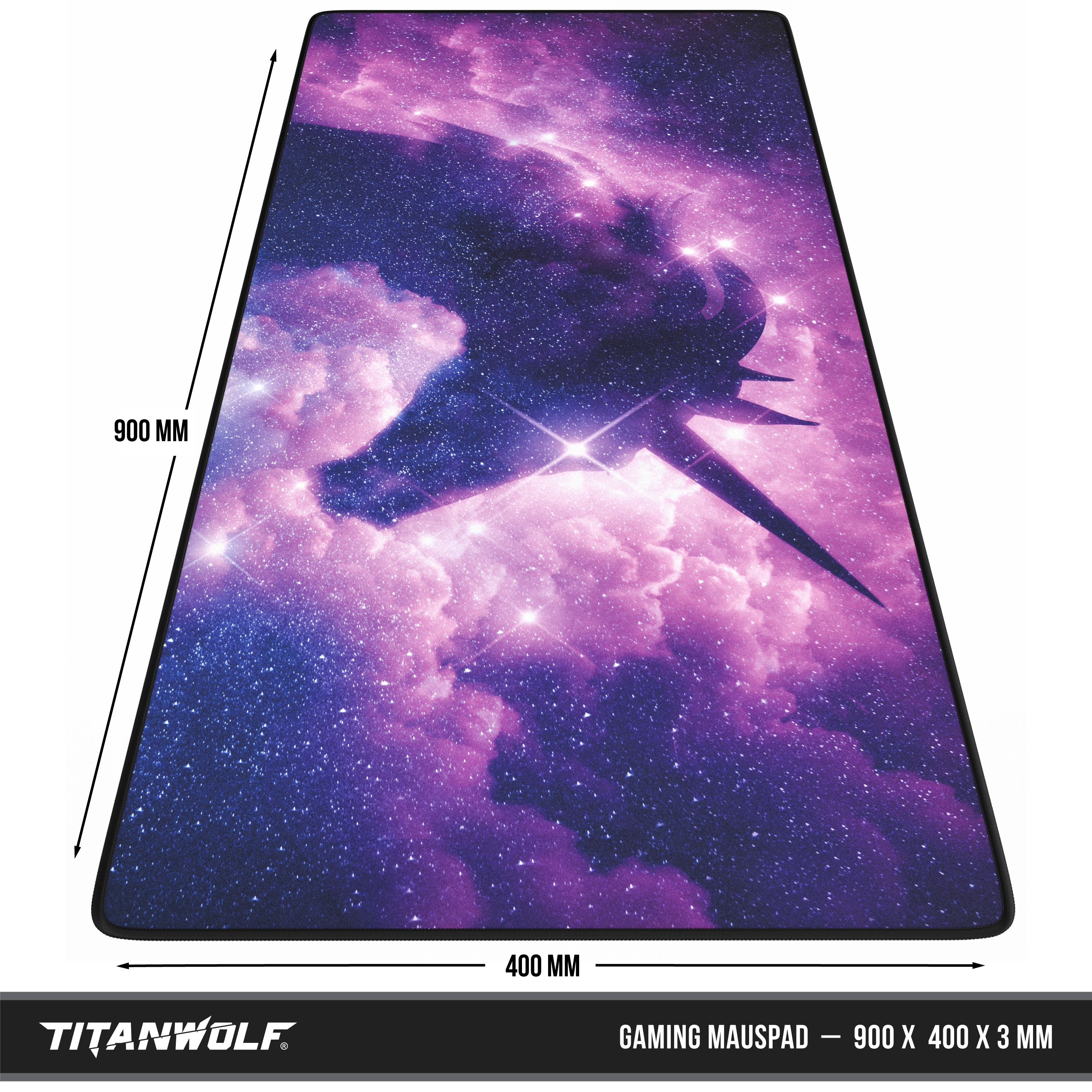 Ein Gaming-Mauspad mit lila und blauem Galaxie-Design und den Maßen: 900 mm x 400 mm x 3 mm.