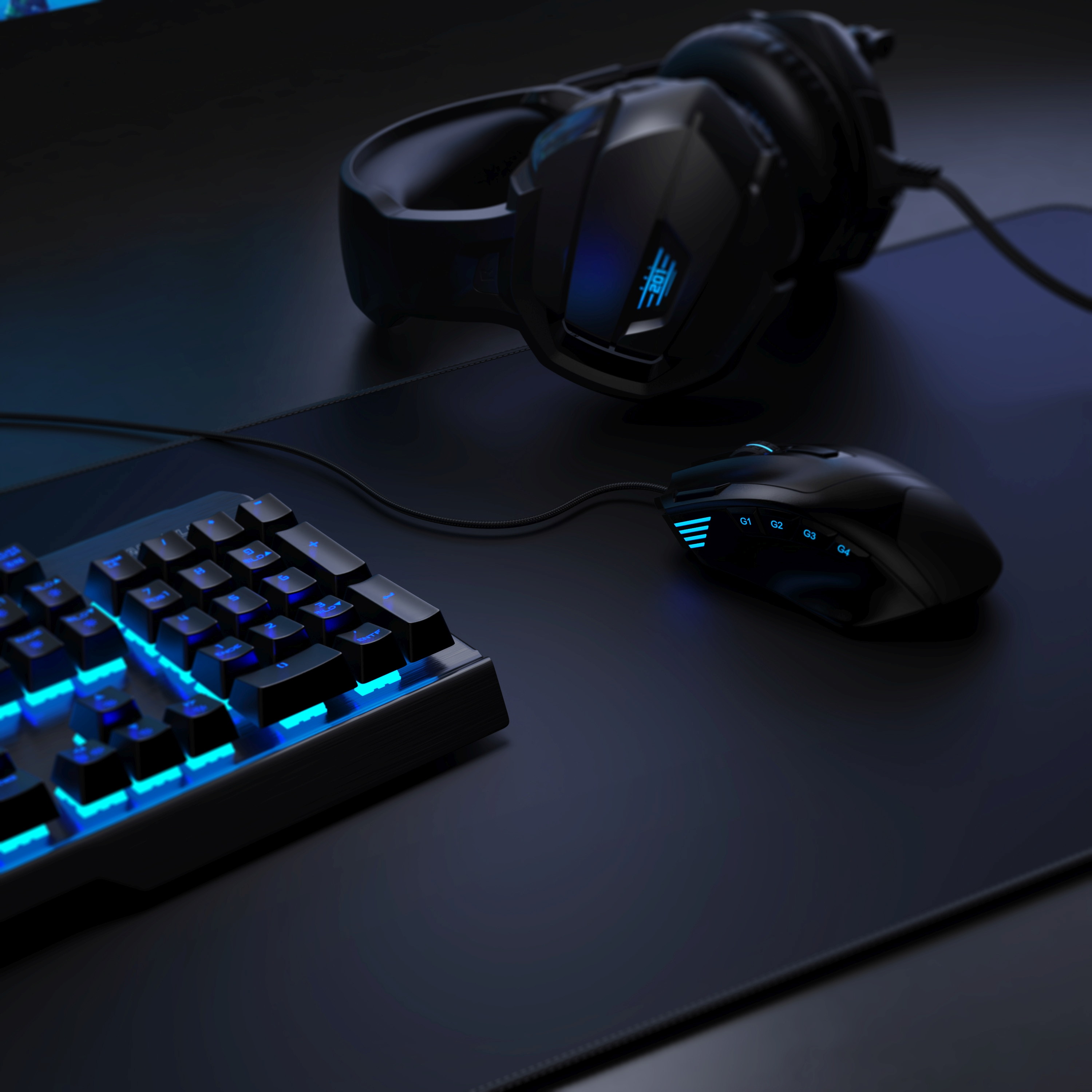 Schwarzes Gaming-Setup mit Tastatur, Maus und Kopfhörern auf schwarzer Oberfläche mit blauen Lichtern.