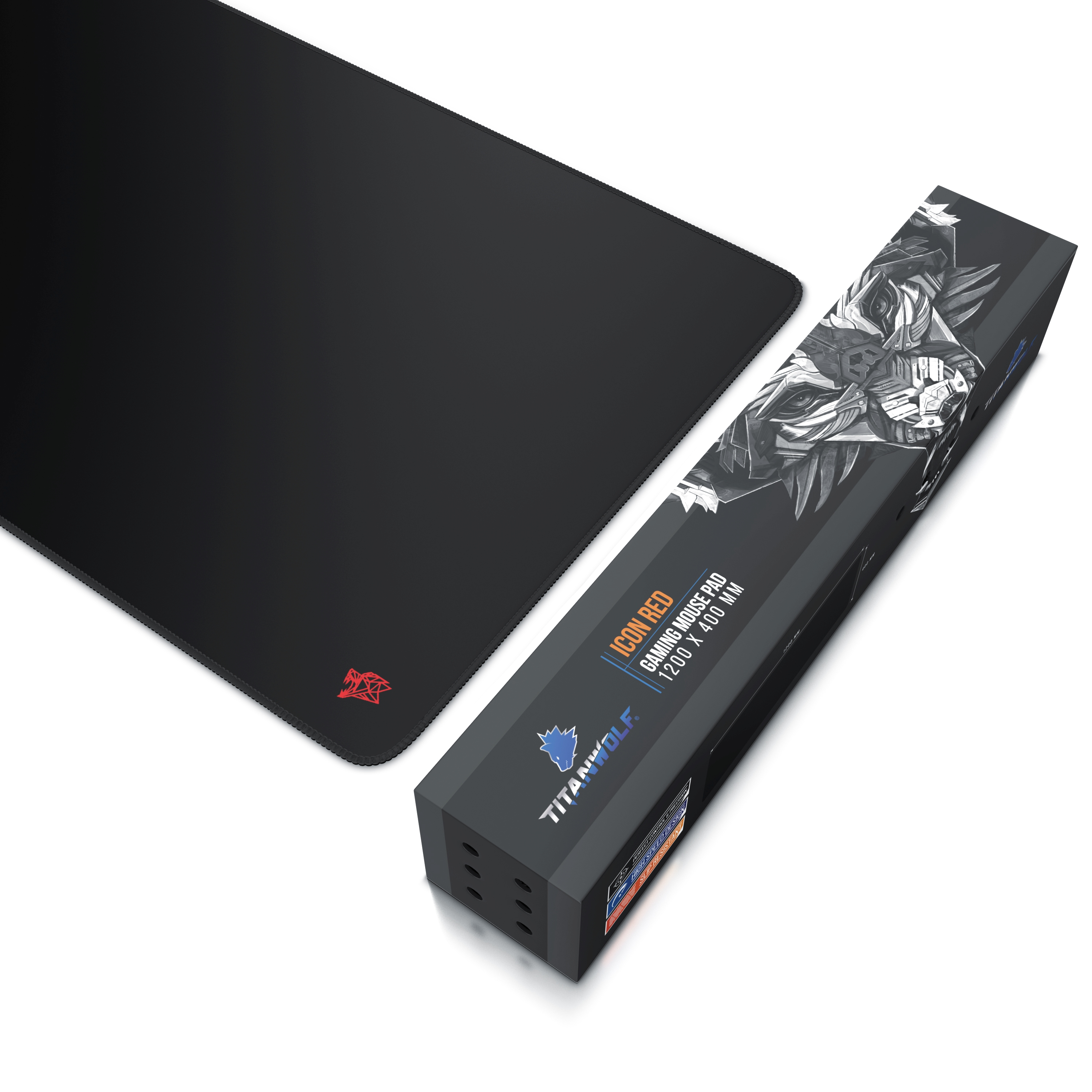 Schwarzes Gaming-Mauspad mit rotem Logo und einer Box. Der Markenname 'TITANWOLF' ist sichtbar.
