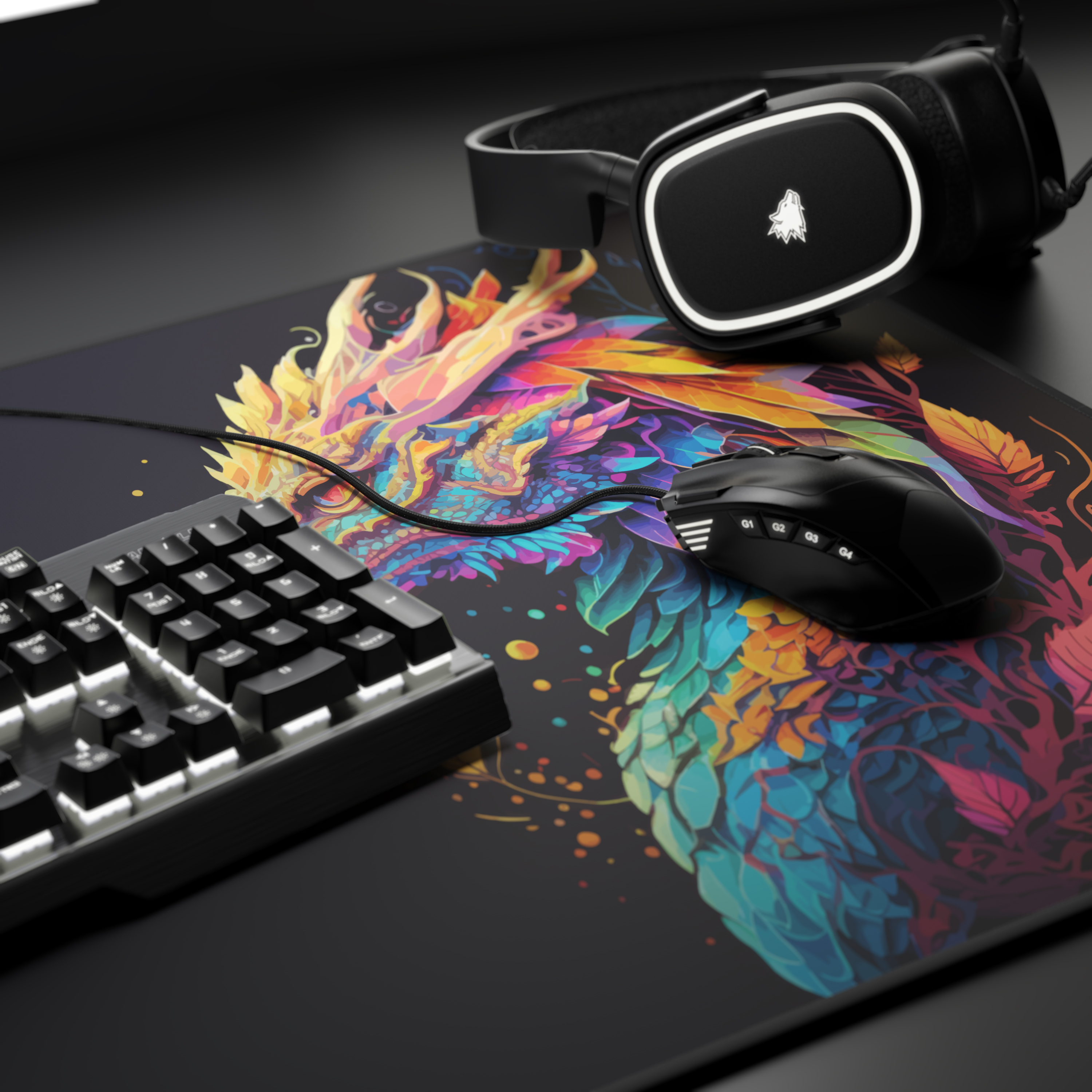 Gaming-Setup: Tastatur, Maus, Kopfhörer auf einem Mauspad mit Drachenmotiv, schwarzer Hintergrund.