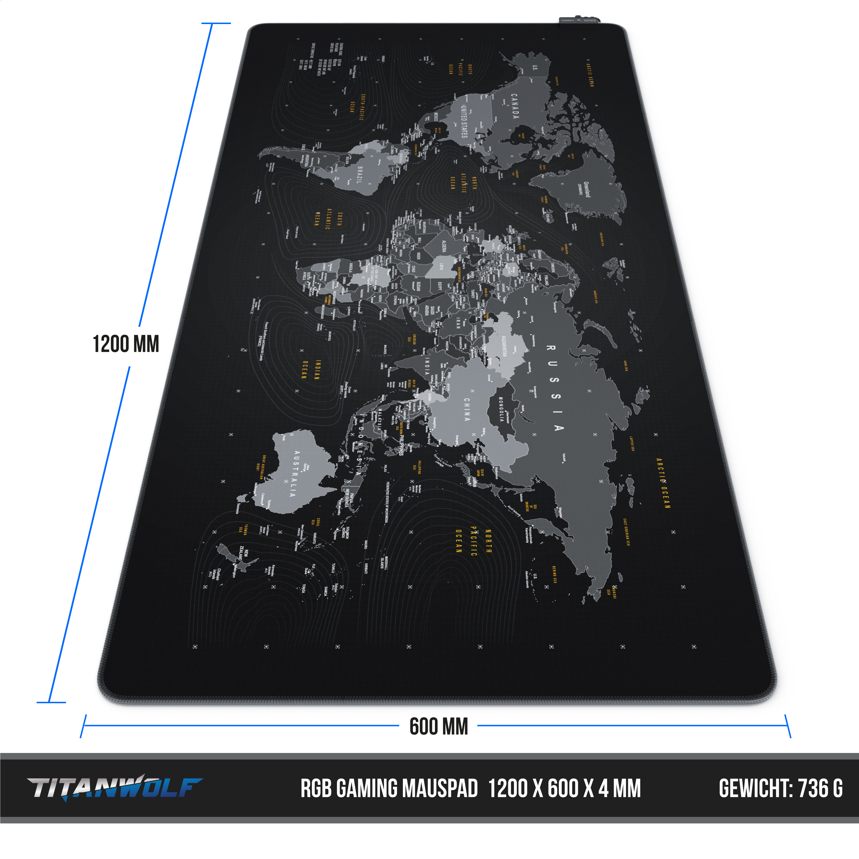 Großes schwarzes Mousepad mit Weltkartendesign, Maßen und Text.