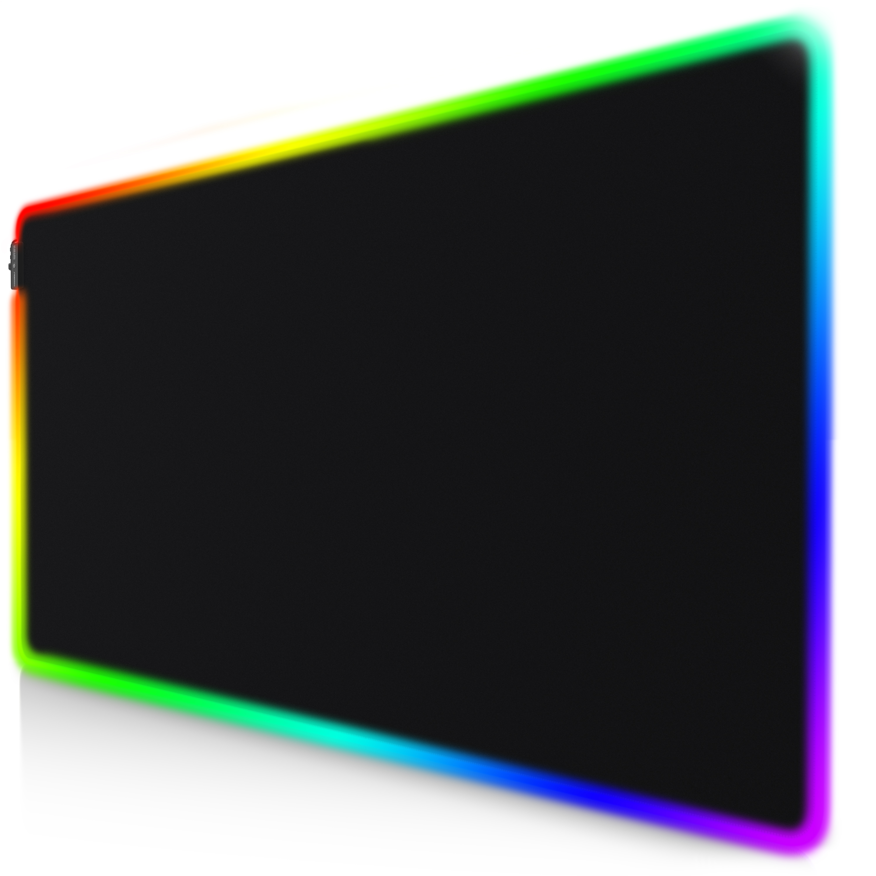 Ein schwarzes Mauspad mit buntem LED-Rand. Der Rand hat ein Farbspektrum.