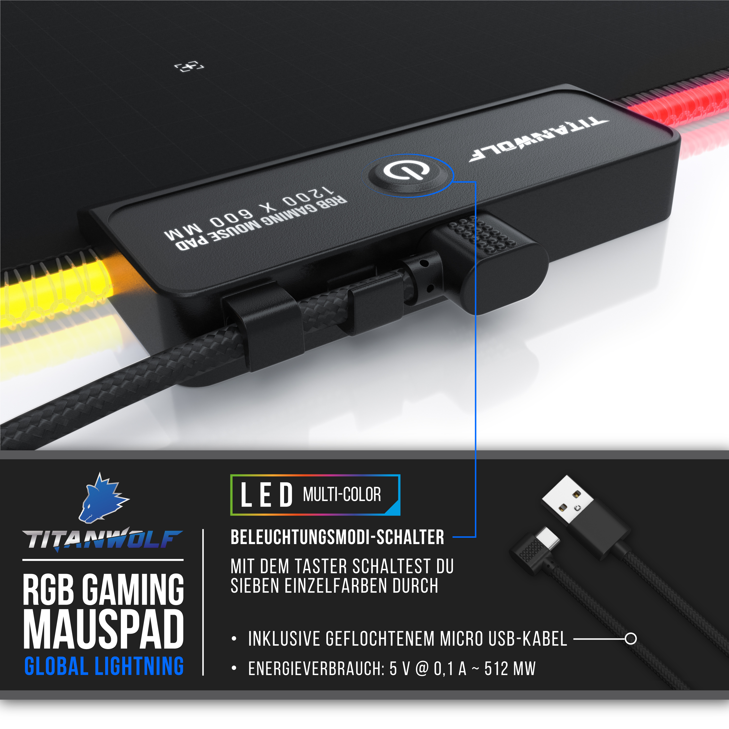 Schwarzes und rotes Gaming-Mauspad mit Power-Taste und USB-Kabel. Text auf Deutsch.