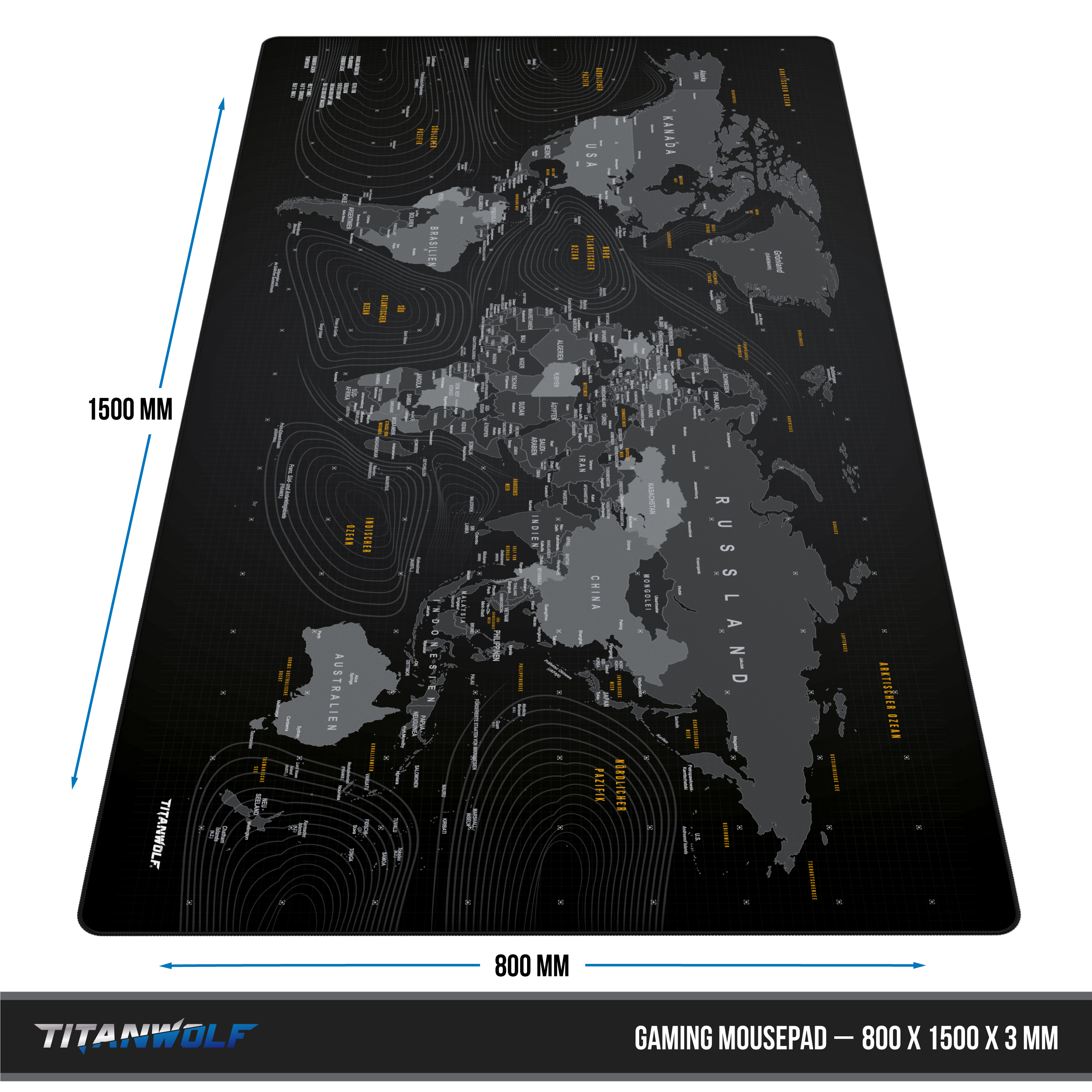 Schwarzes Gaming-Mauspad mit Weltkarten-Design. Abmessungen: 800 x 1500 x 3 mm.