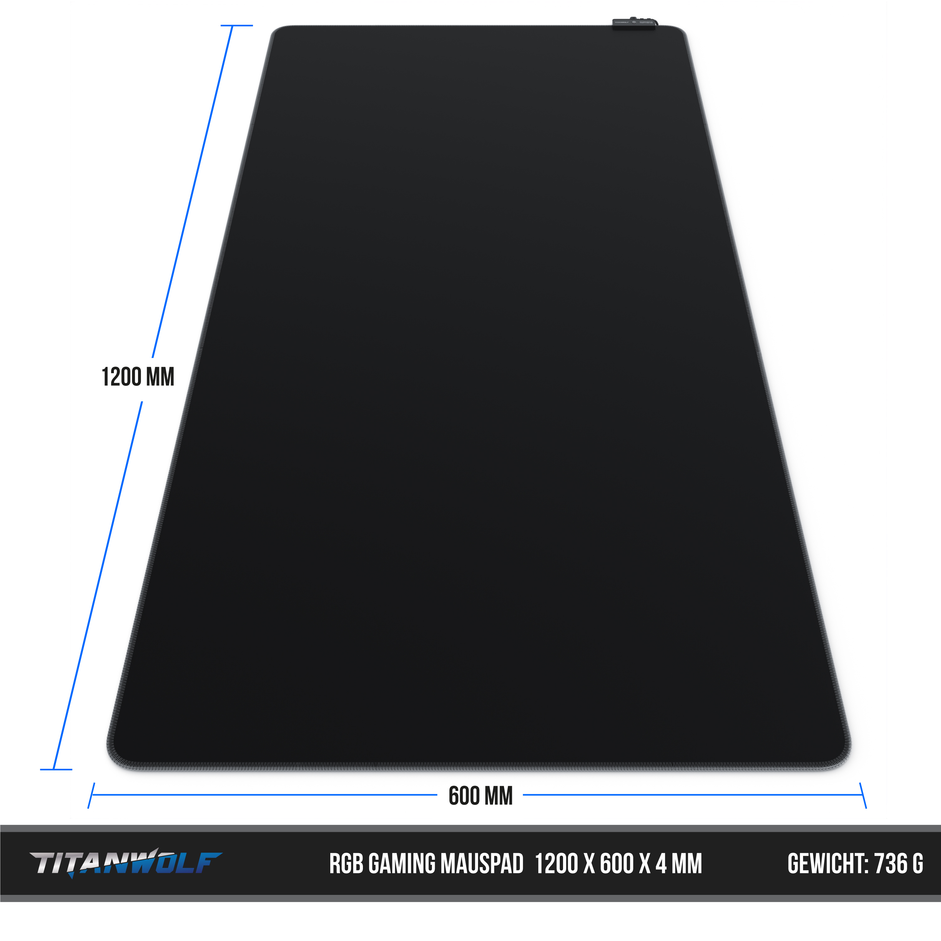 Schwarzes Gaming-Mauspad mit Abmessungen: 1200x600x4 mm. Titanwolf Logo sichtbar.