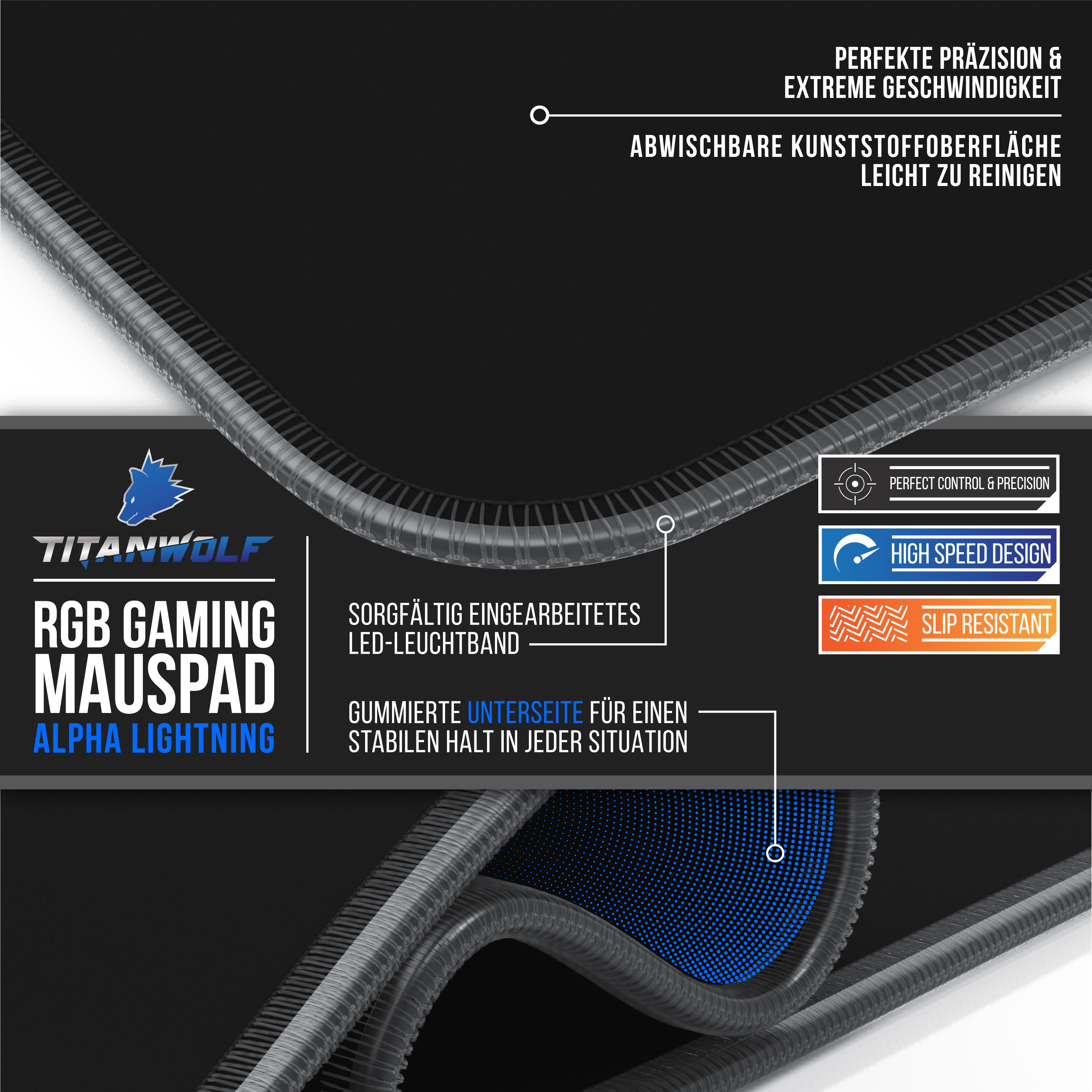 Schwarzes Gaming-Mauspad mit weißem Text und blauem Detail. Nahaufnahme.