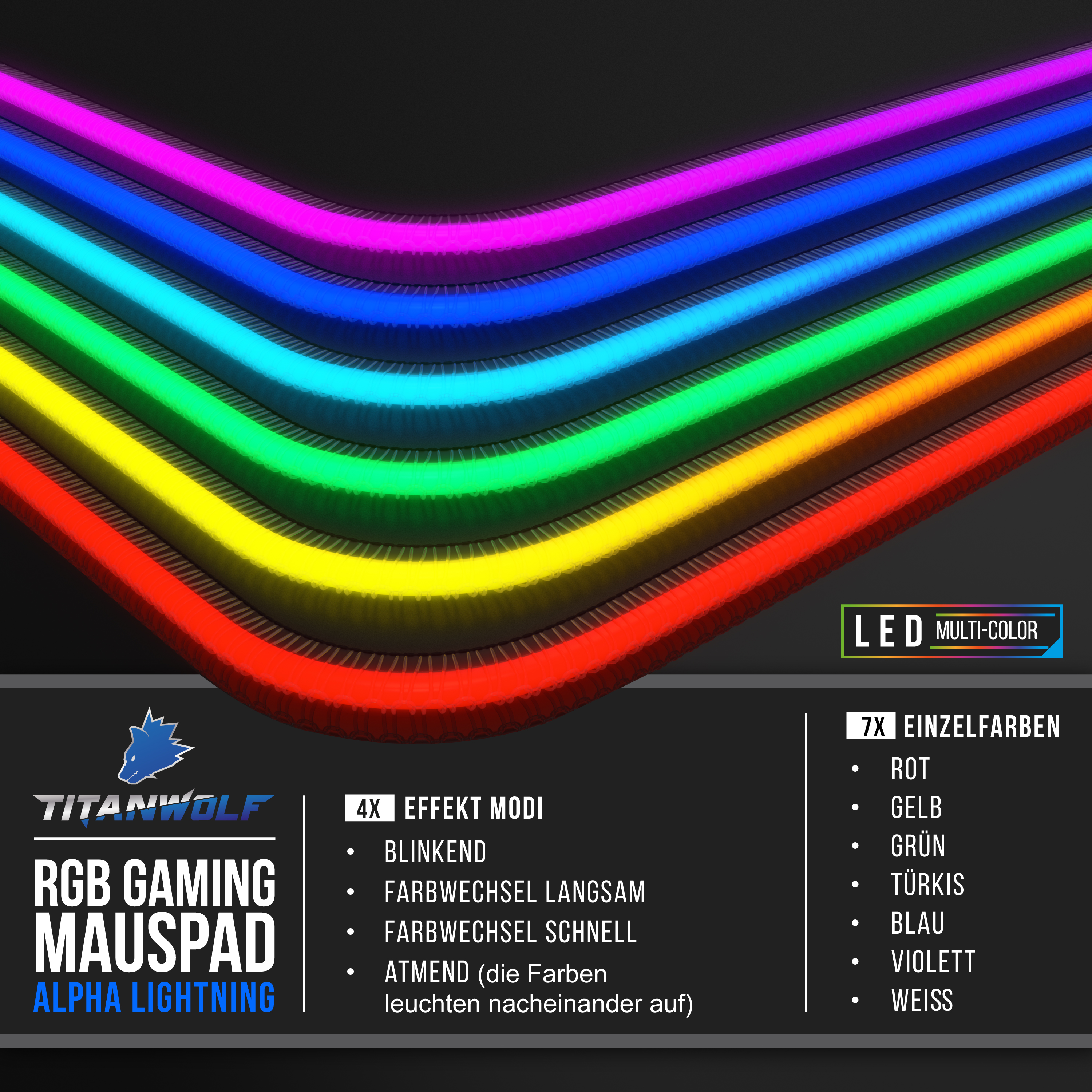 Ein mehrfarbiges LED-Gaming-Mauspad mit verschiedenen Farboptionen und Markendetails.
