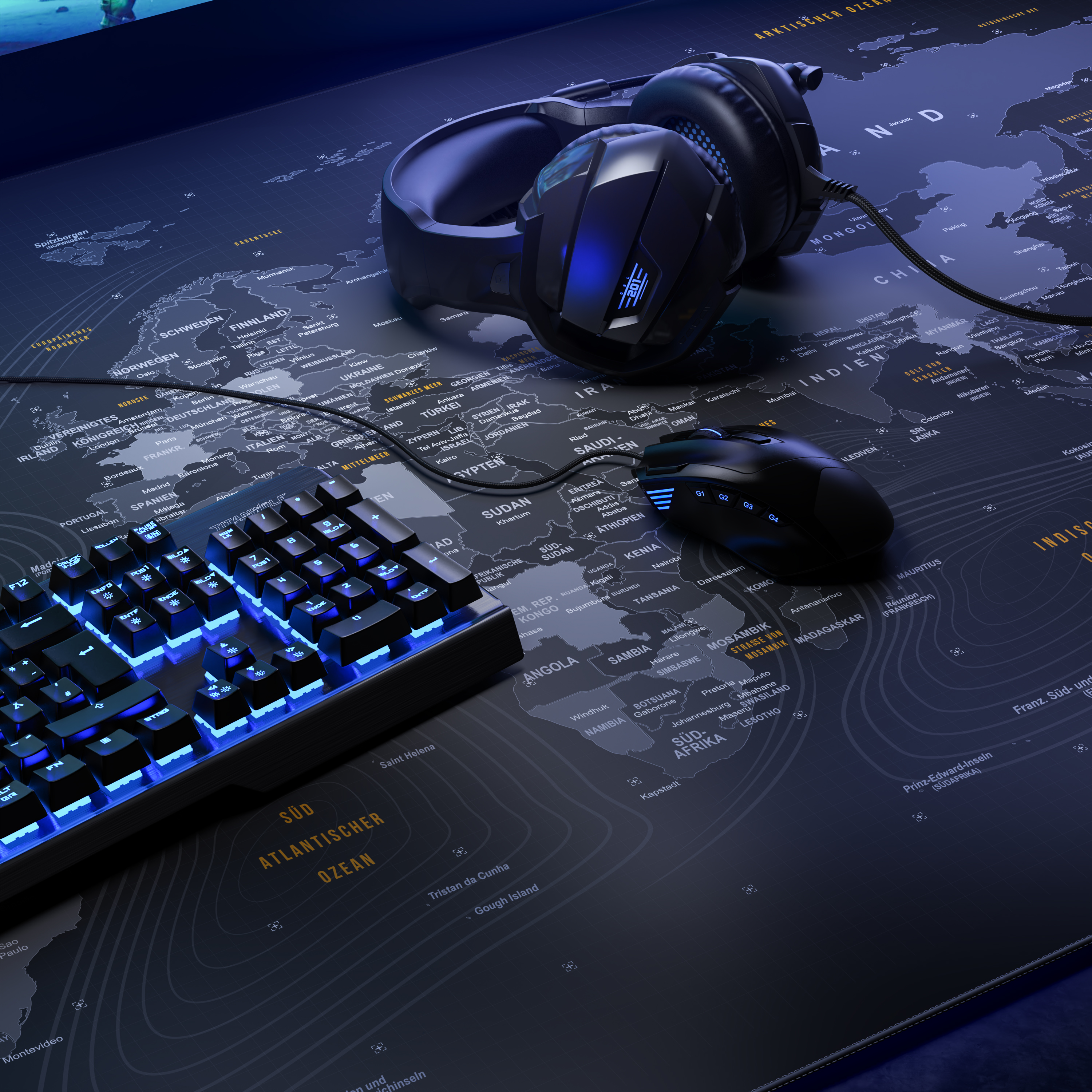 Gaming-Setup mit Tastatur, Maus und Kopfhörern auf Karte.