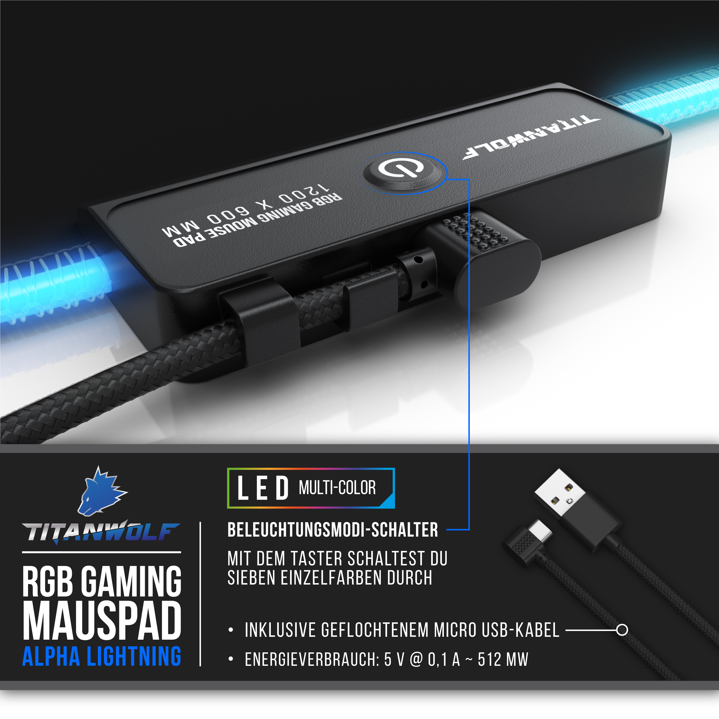 Ein Mauspad mit Controller und USB-Kabel. LED-Mehrfarben.