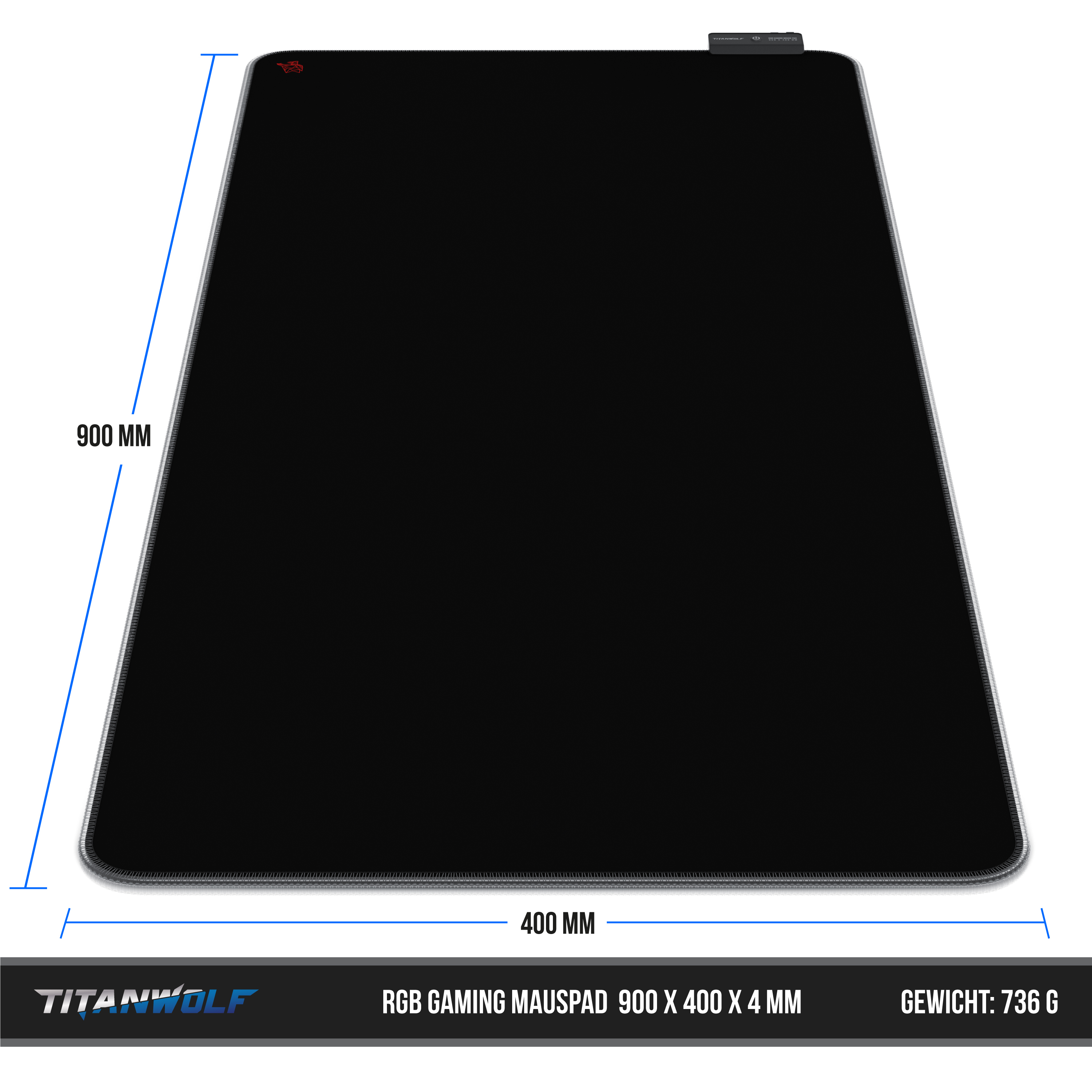 Schwarzes rechteckiges Gaming-Mauspad mit Abmessungen und Logo. Maße 900x400mm. Ein rotes Logo ist sichtbar.