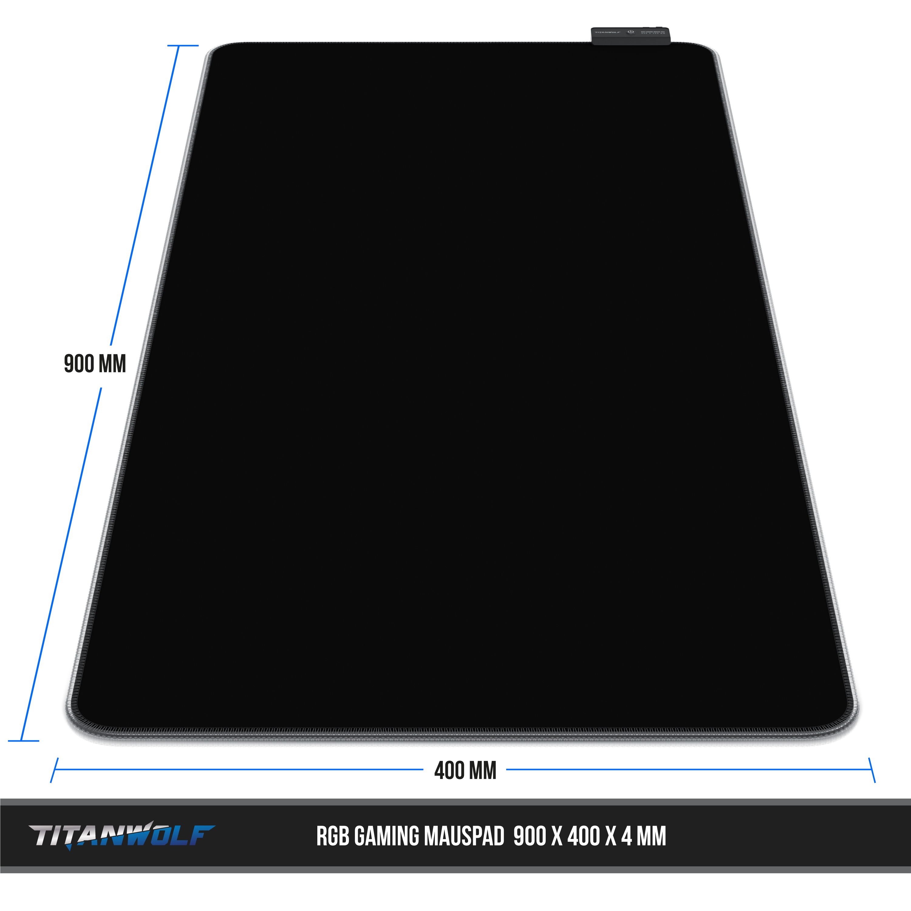 Schwarzes Mausp Pad mit den Maßen 900x400x4mm. Markenname 'TITANWOLF' unten links.