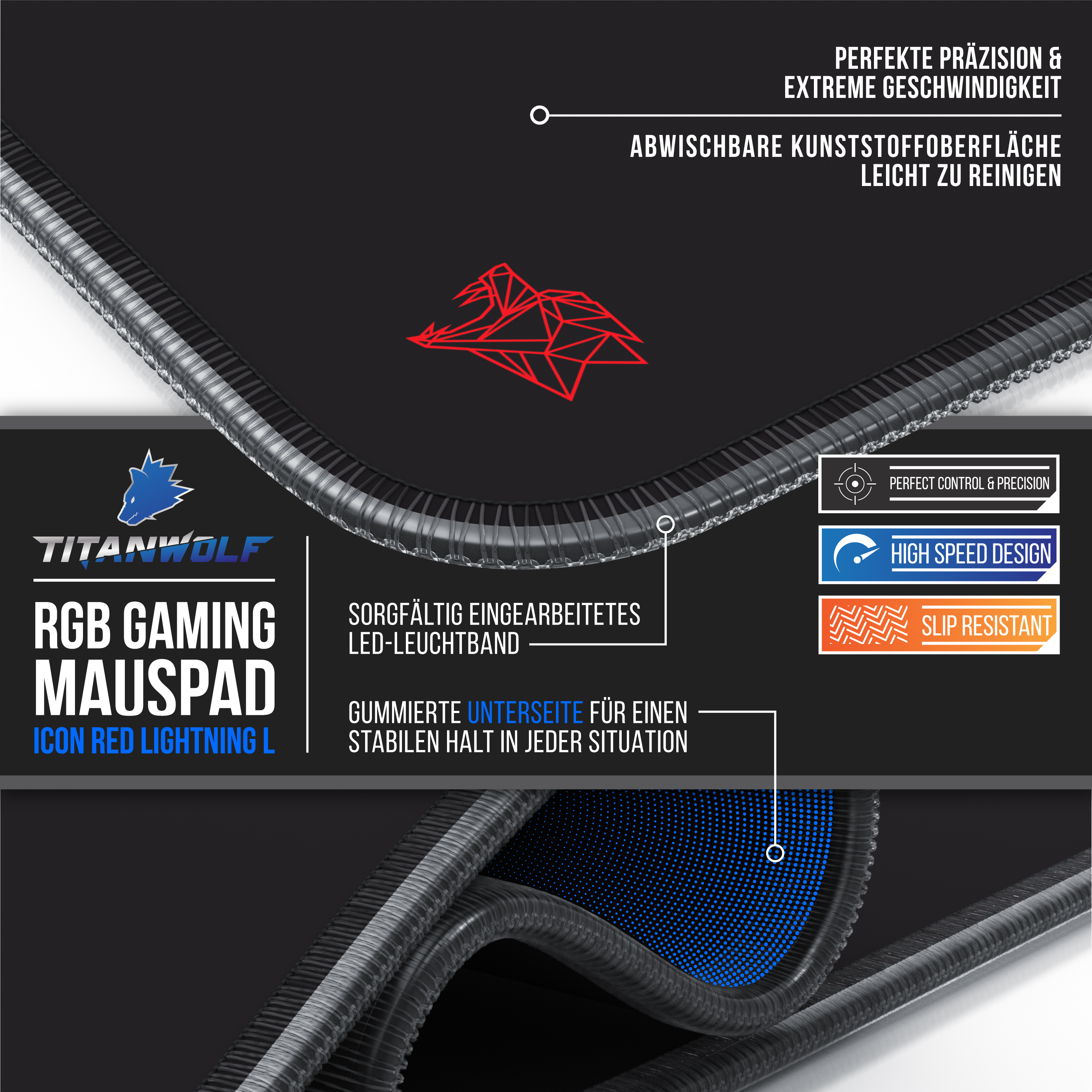 Nahaufnahme Gaming-Mauspad mit Text. Das Pad hat ein rotes Logo und einen blauen LED-Rand.