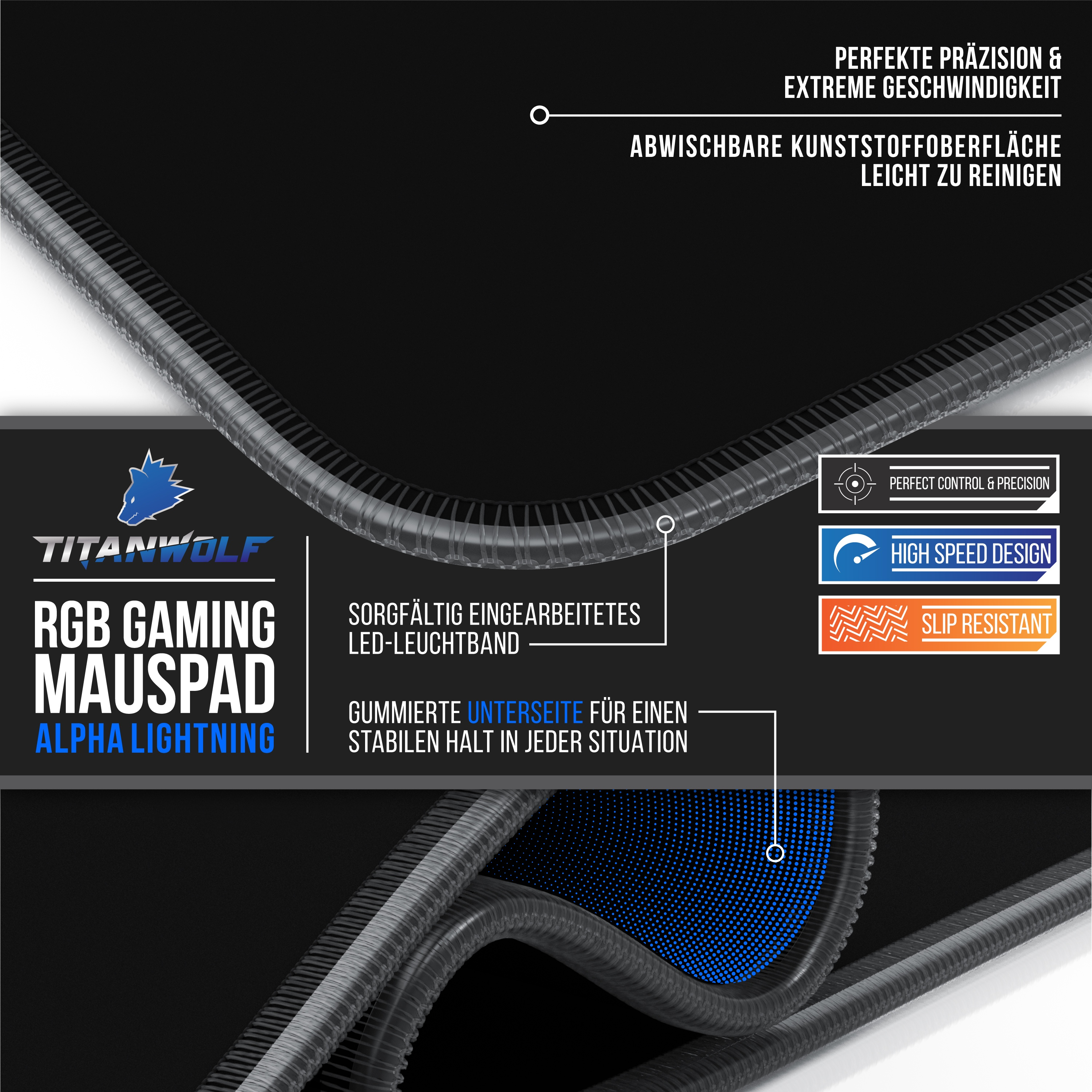 Gaming-Mauspad mit LED, Text und Design. Hohe Geschwindigkeit und perfekte Kontrolle.