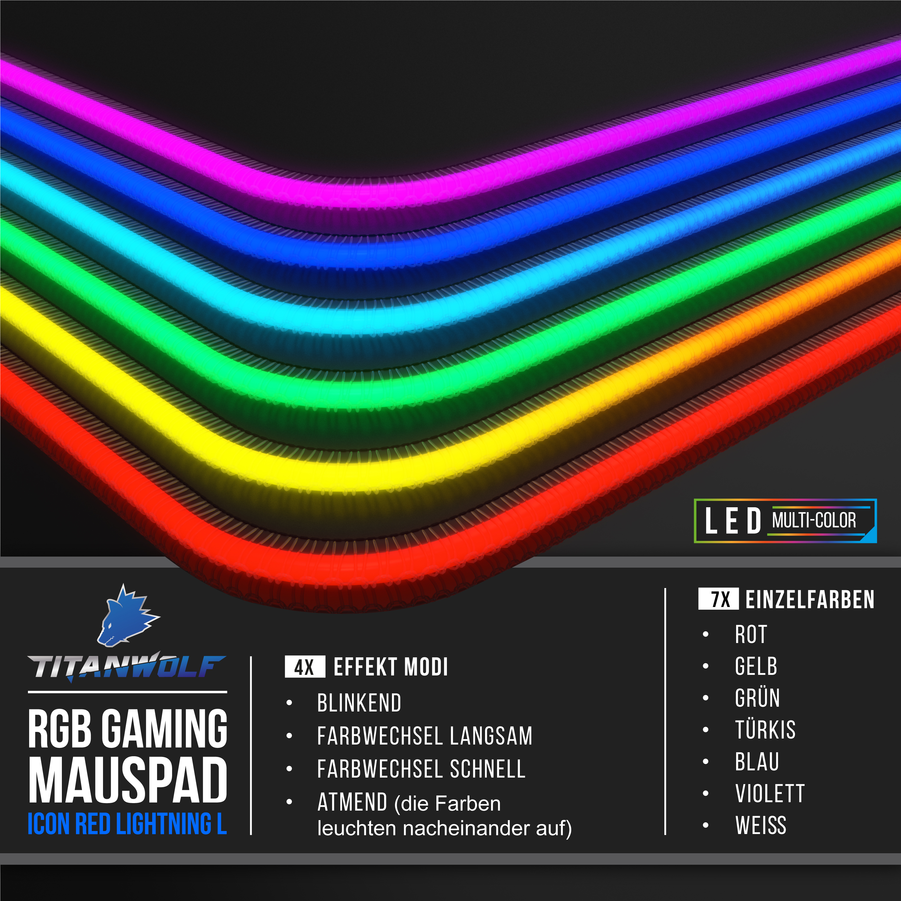 RGB Gaming-Mauspad mit Regenbogen-LED, Farbauswahl und Markenlogo. Text: Titanwolf.