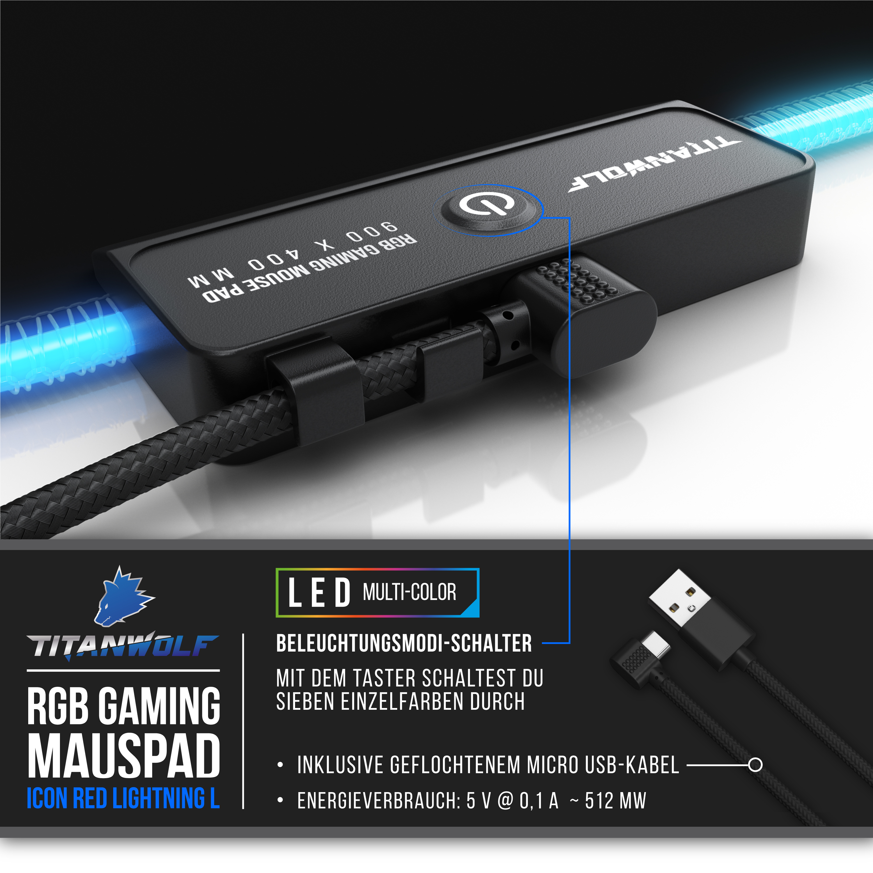 Ein schwarzes Gaming-Mauspad mit einem schwarzen Gerät. Eine Maus und ein Kabel. USB-Kabel ist angeschlossen.