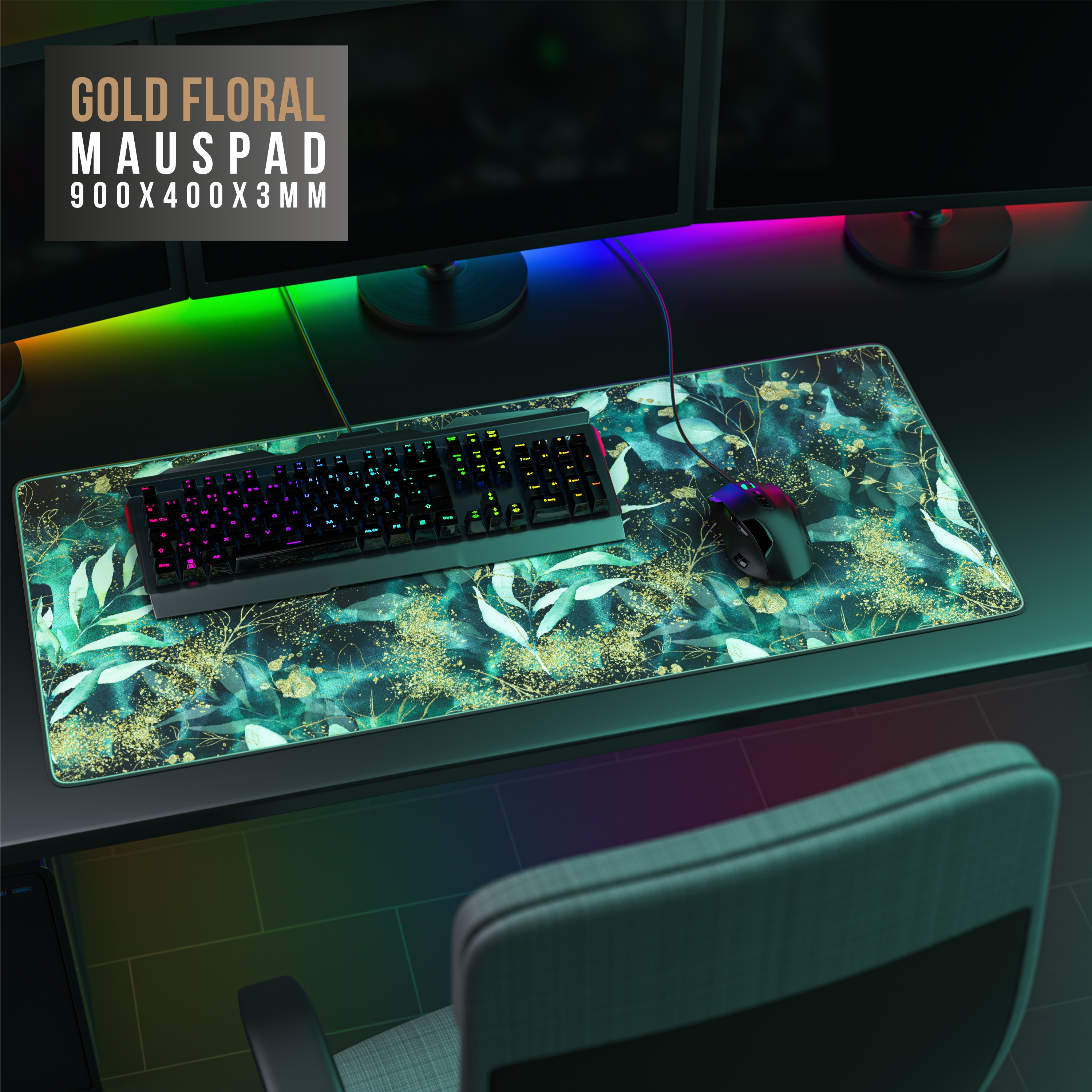 Gaming-Mauspad mit goldenem Blumendesign. Eine Tastatur und Maus liegen auf dem Mauspads.