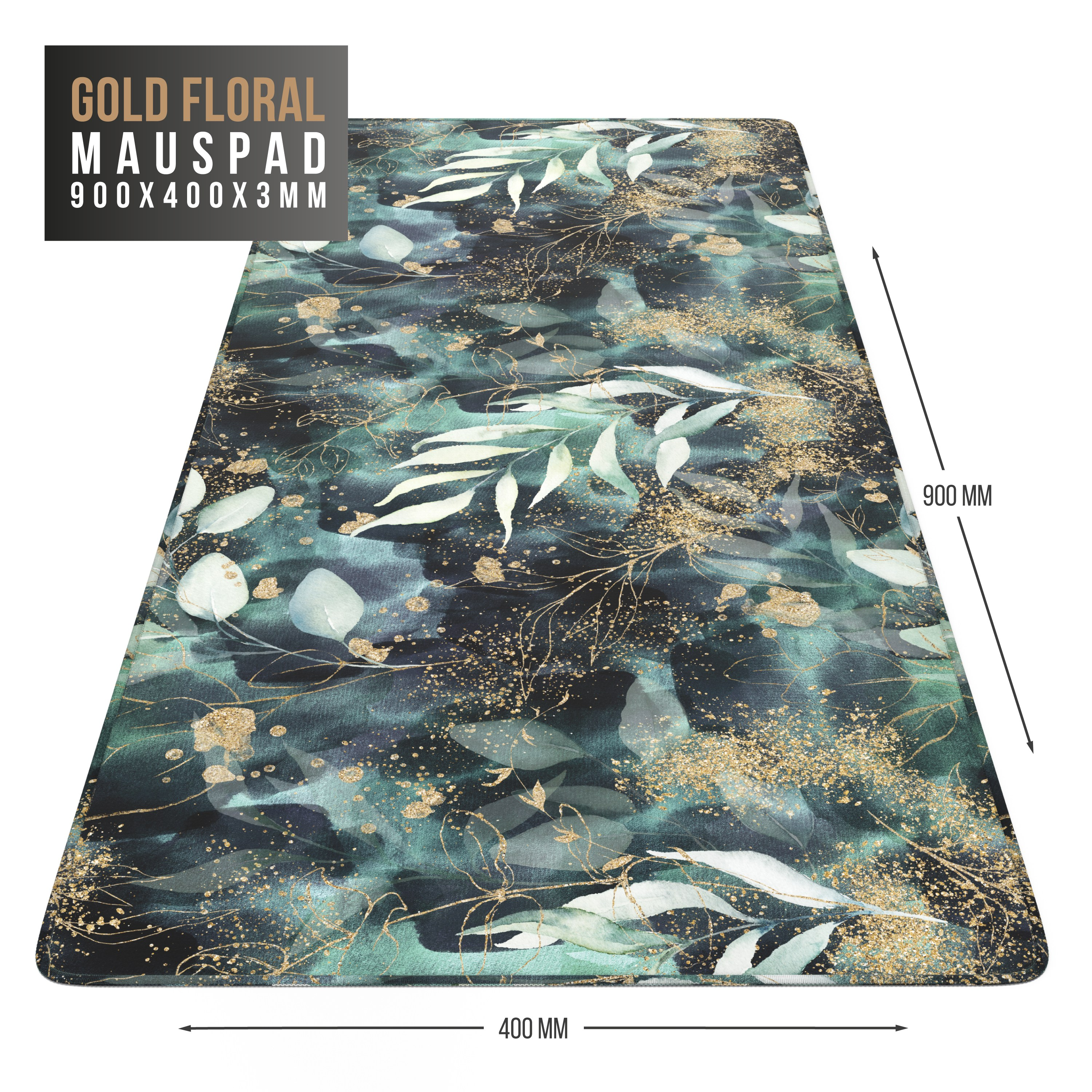 Goldfarbenes, florales Mousepad mit den Maßen 900x400x3mm.