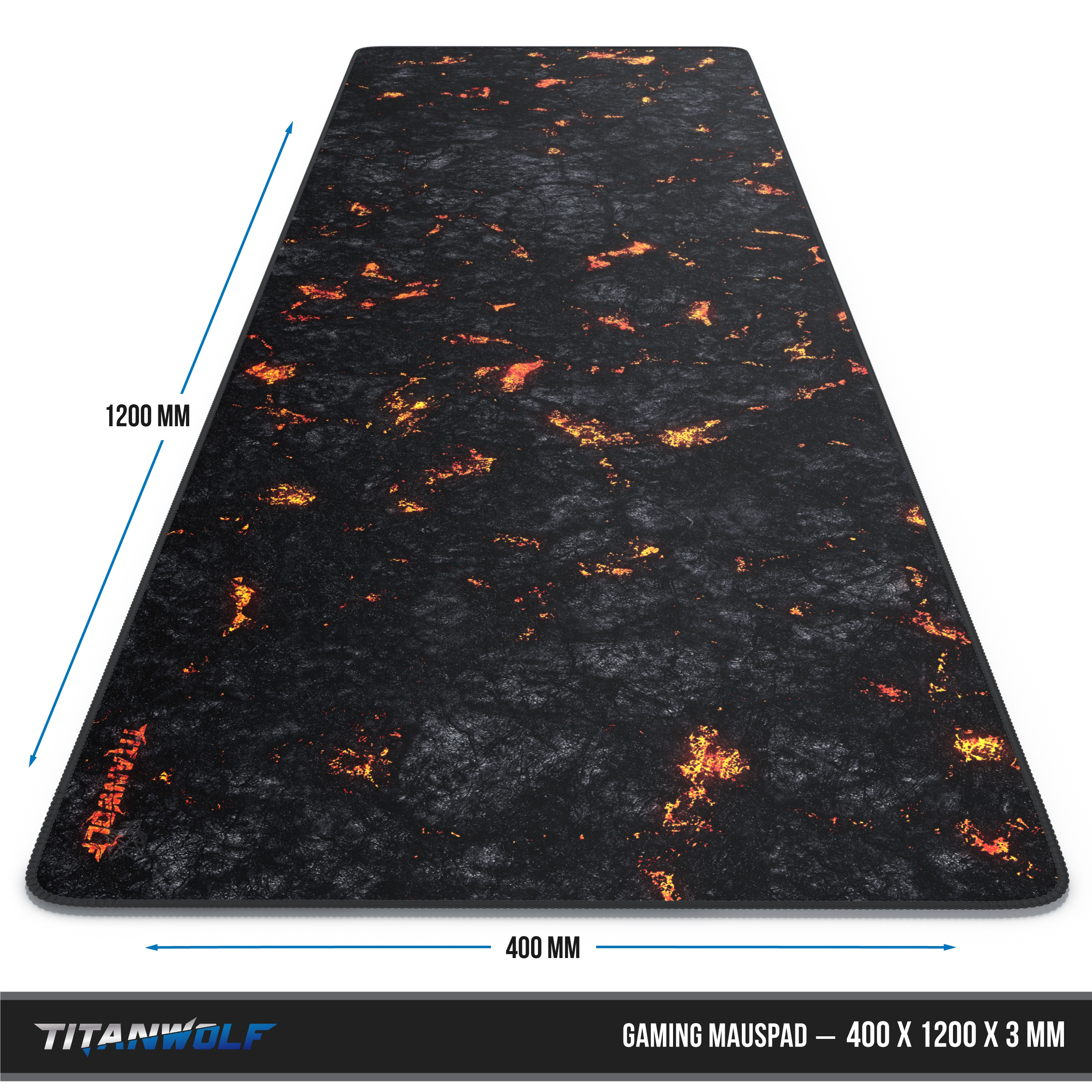 Gaming-Mauspad, rechteckig, schwarz mit orangefarbenem Lava-Muster, Abmessungen 400x1200x3 mm, Markenlogo.