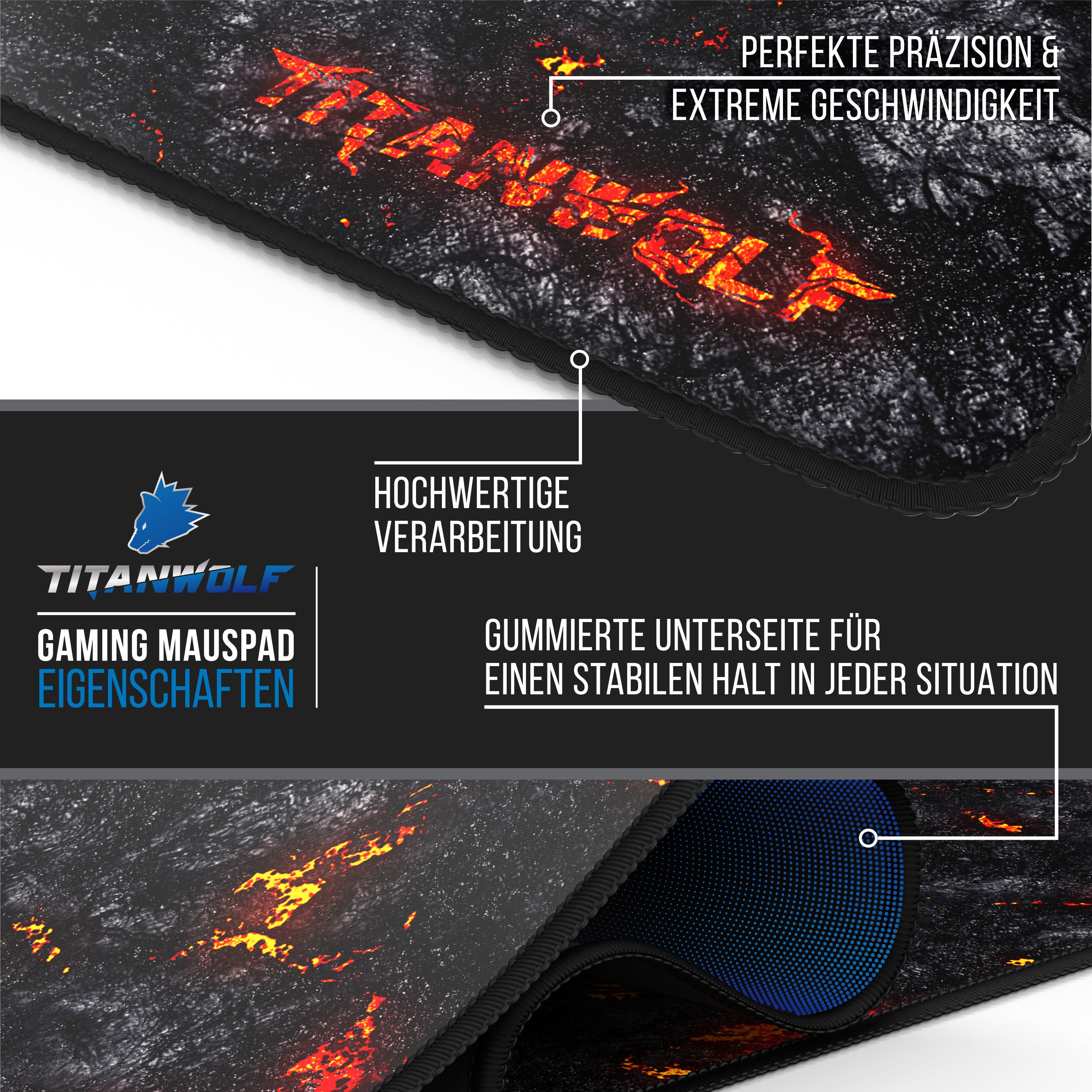Nahaufnahme eines Gaming-Mauspads. Das Mauspad hat einen dunklen Hintergrund mit roten und orangen Mustern und Text.