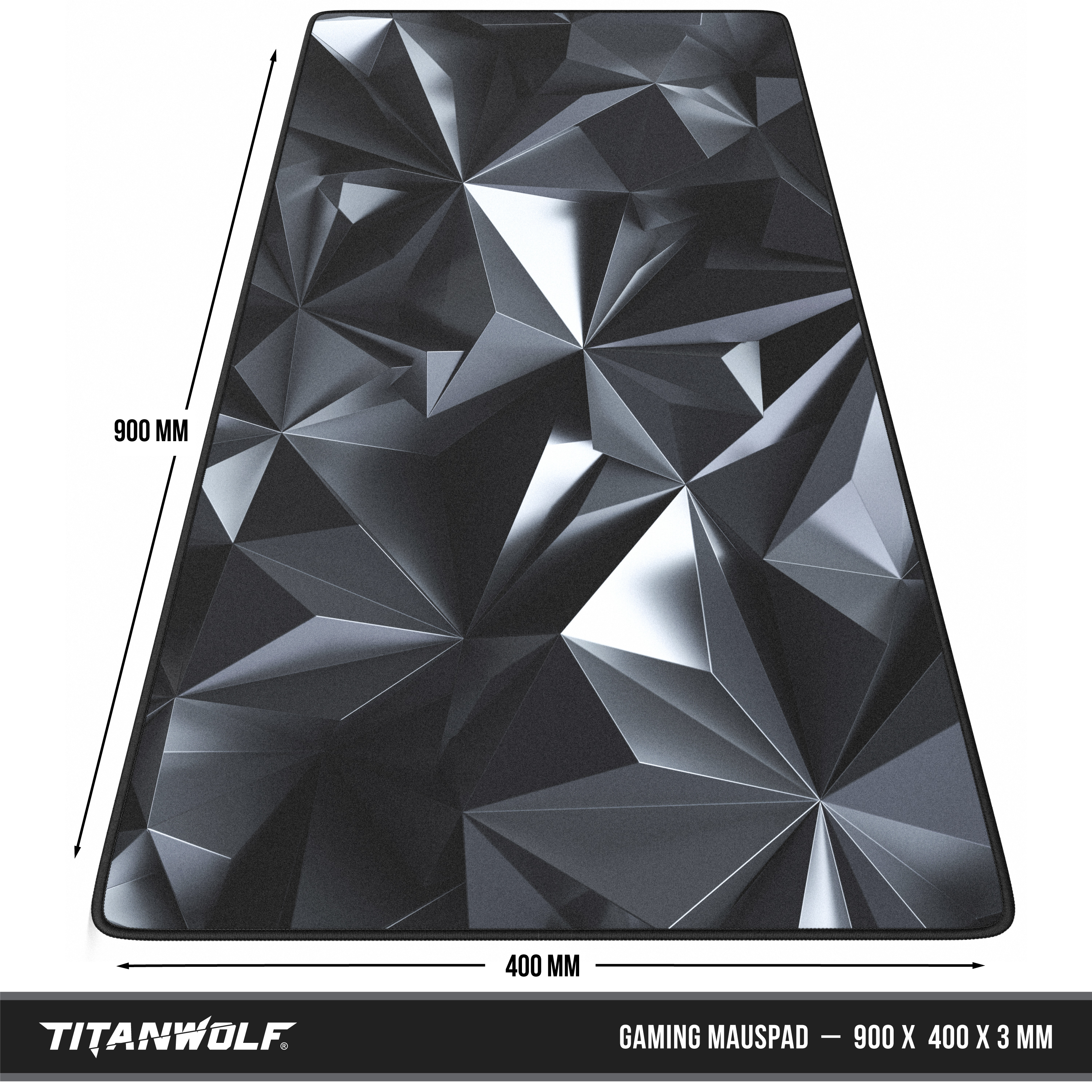Schwarzes Gaming-Mauspad mit geometrischem Design und Titanwolf-Logo. Maße: 900x400x3mm.