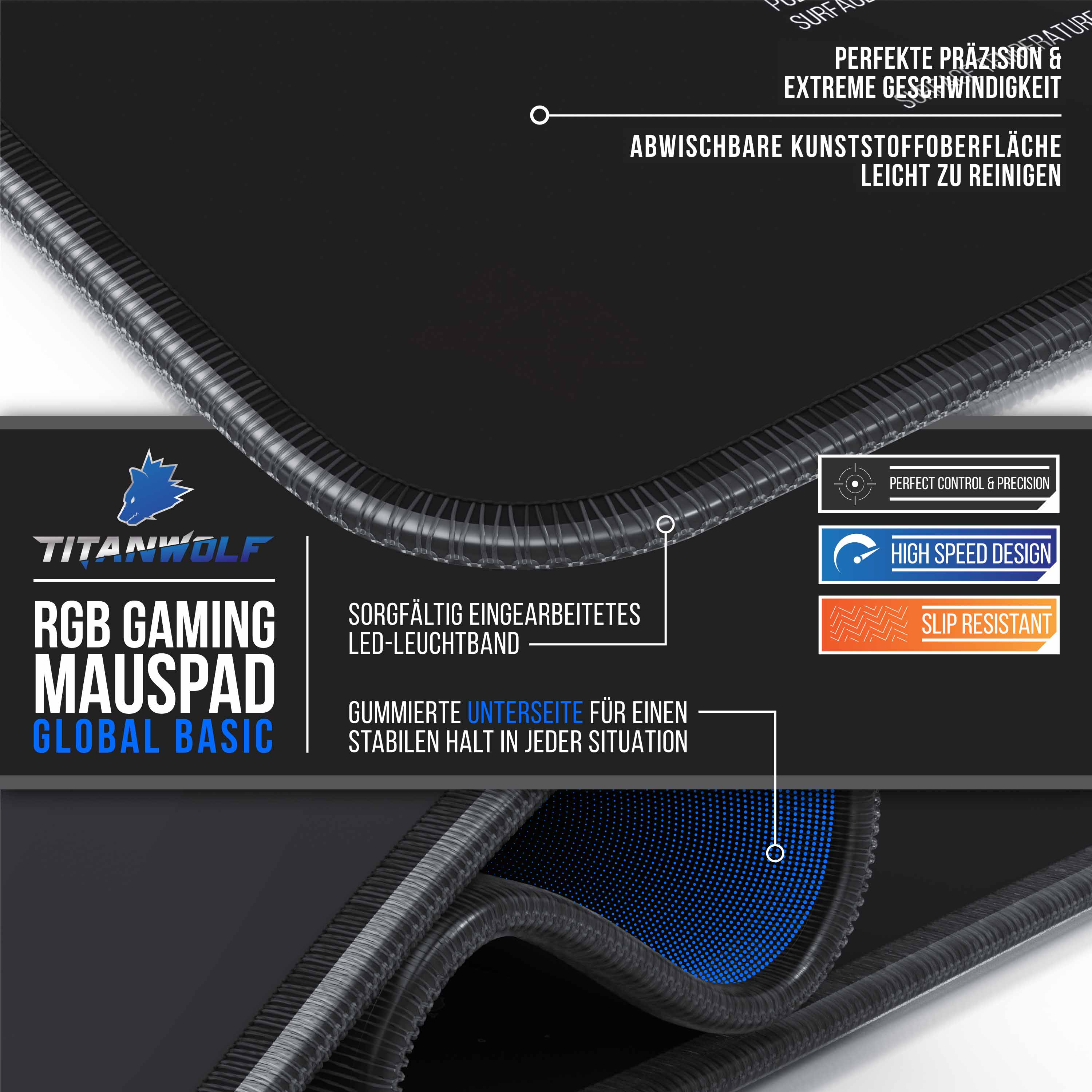 Nahaufnahme eines Gaming-Mauspads mit Details, Text und Titanwolf-Logo. Rutschfester Boden.