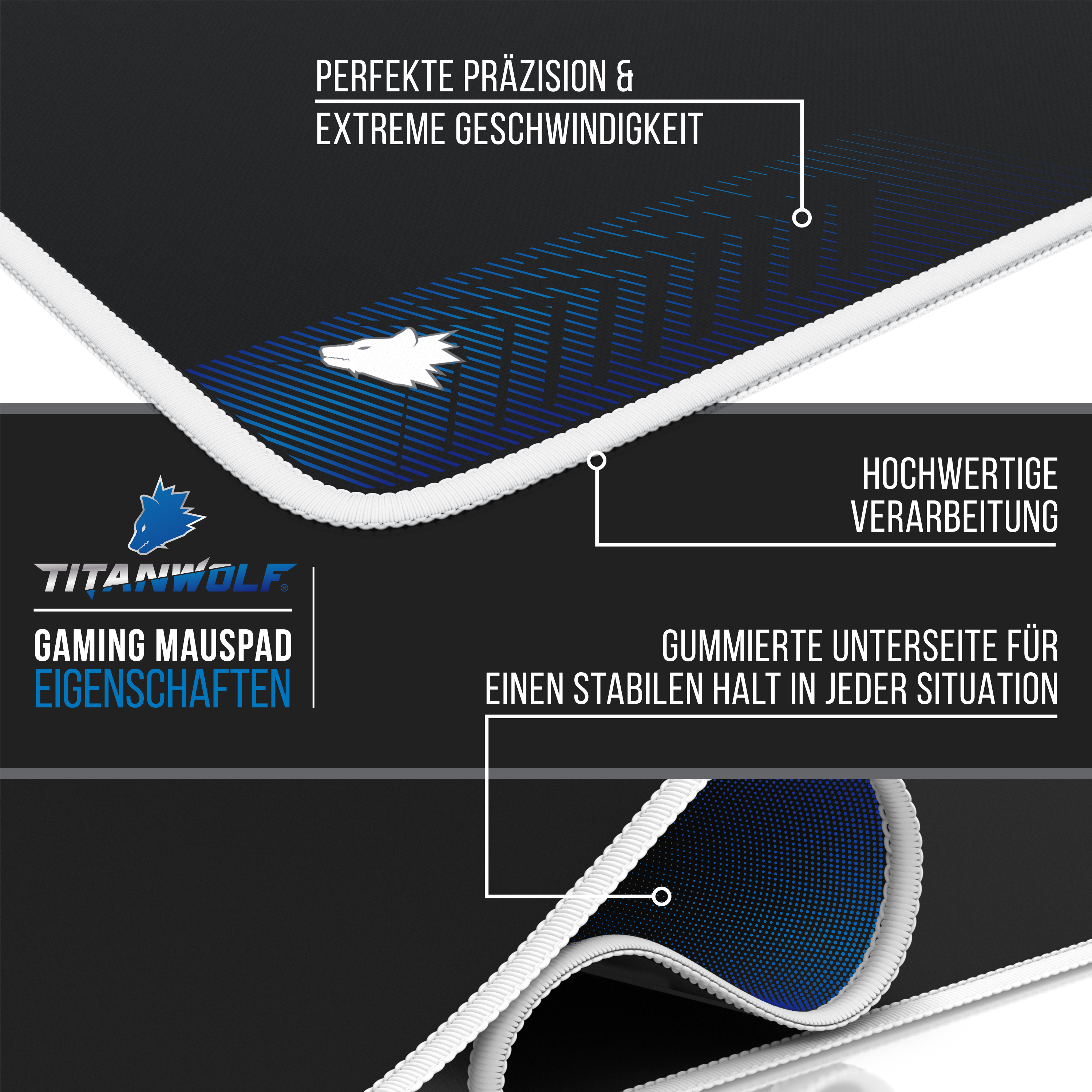 Nahaufnahme eines Gaming-Mauspads mit Textur, Logo und Funktionen.