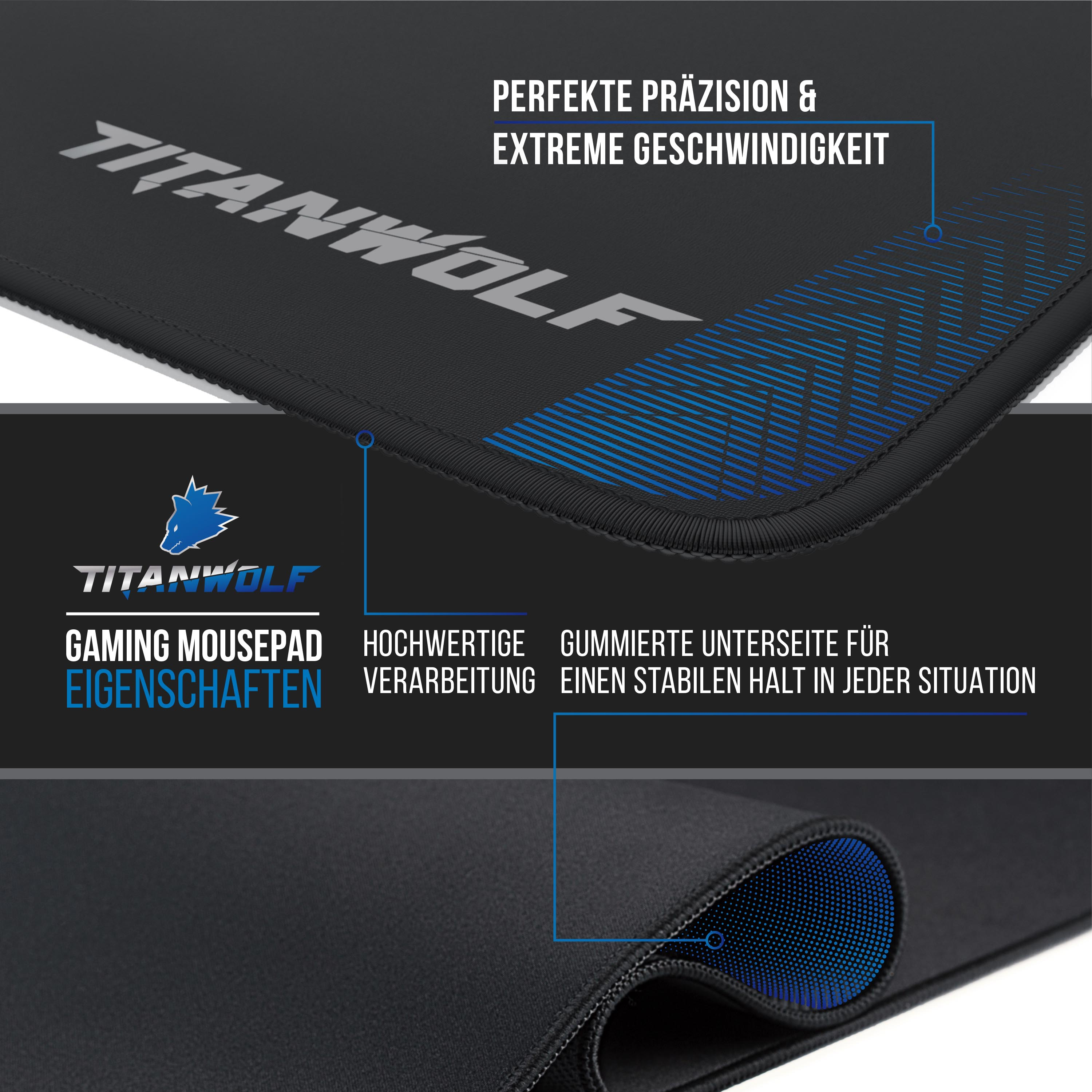 Gaming-Mauspad mit Text und blauen Akzenten, Nahaufnahme.