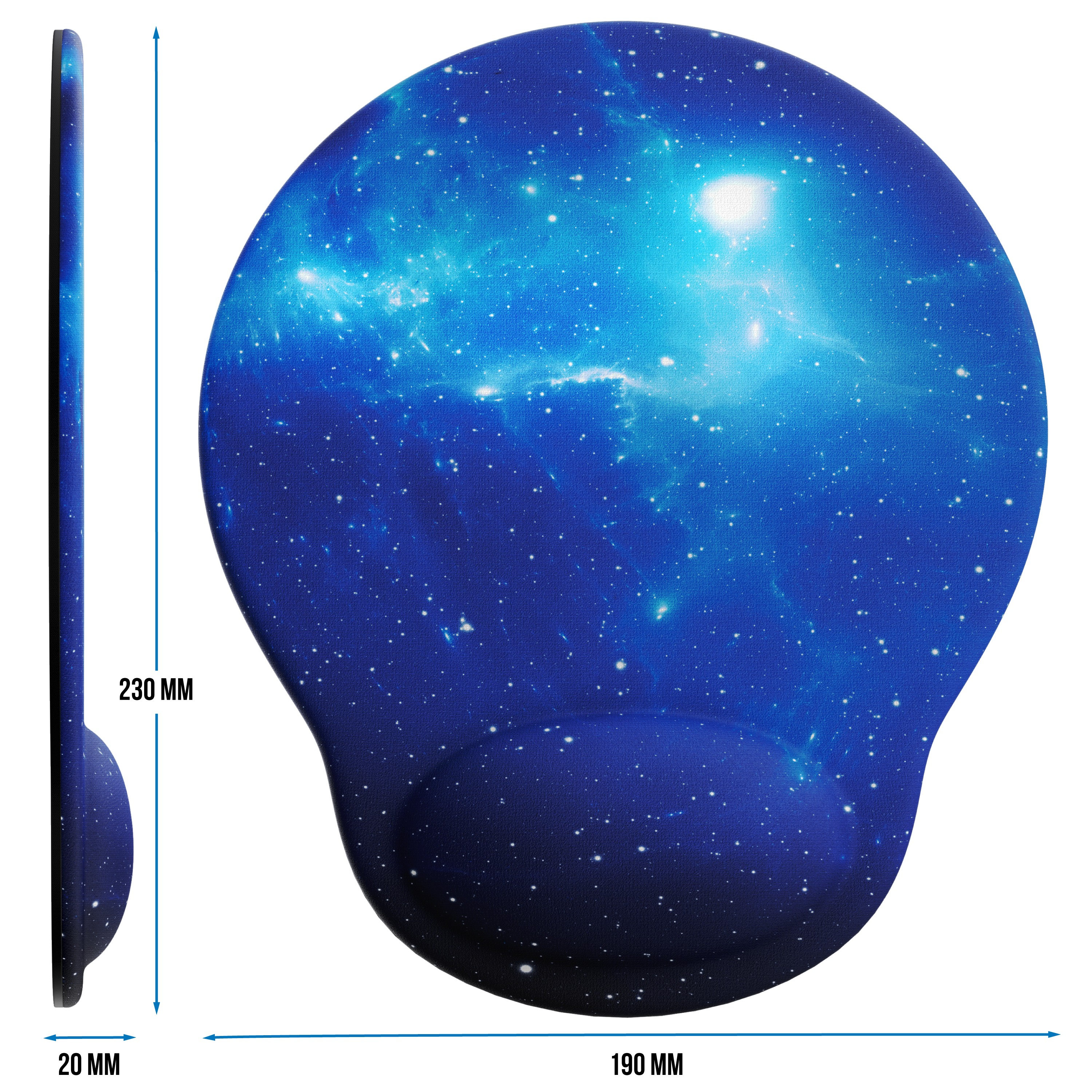 Ein Mauspad im Galaxie-Design mit Handballenauflage, mit den Maßen: 230 mm x 190 mm x 20 mm.