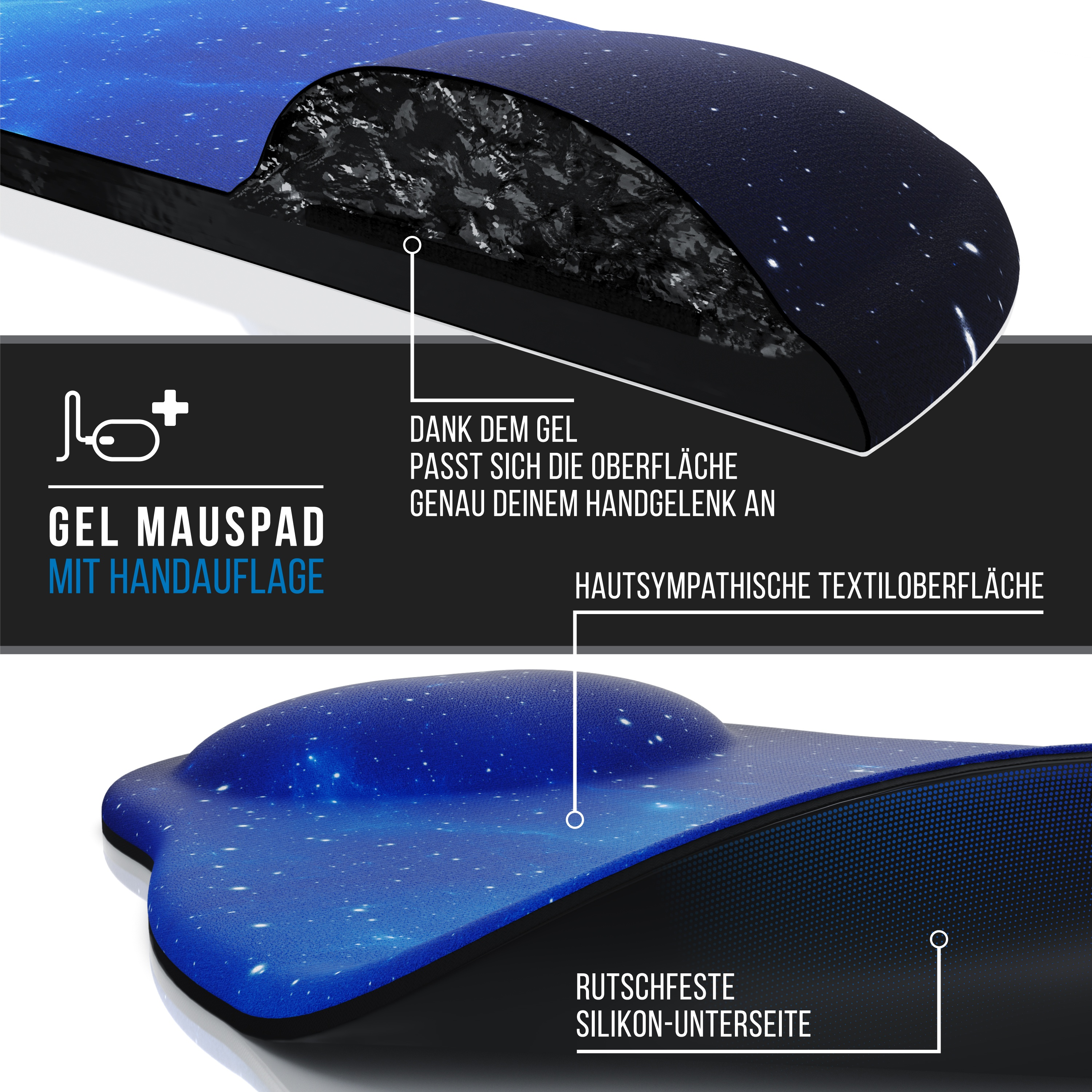 Gel-Mauspad mit Handauflage. Eigenschaften: Gel-Oberfläche und rutschfeste Silikon-Unterseite.