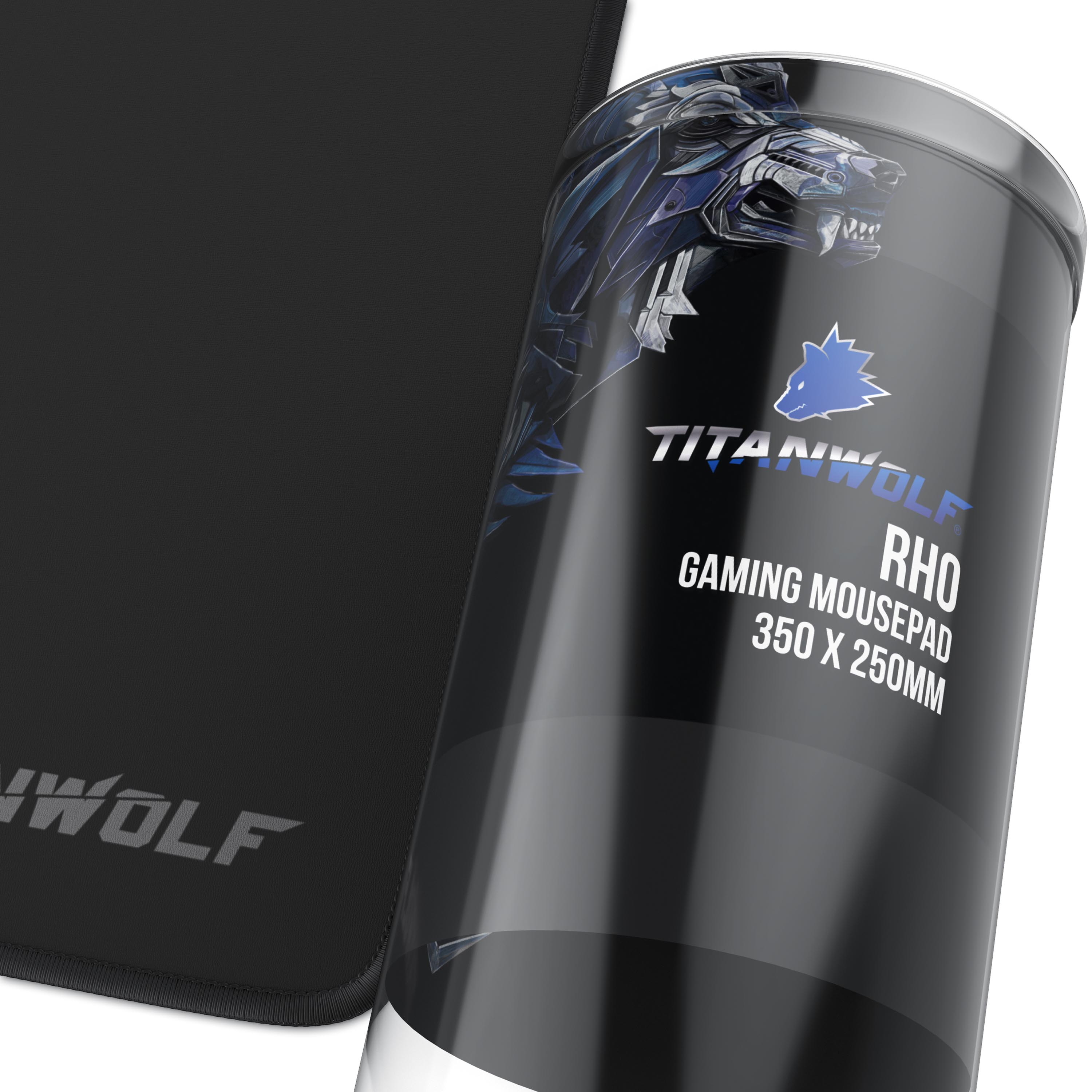 Ein aufgerolltes Titanwolf Gaming-Mauspad in einer zylindrischen Box.