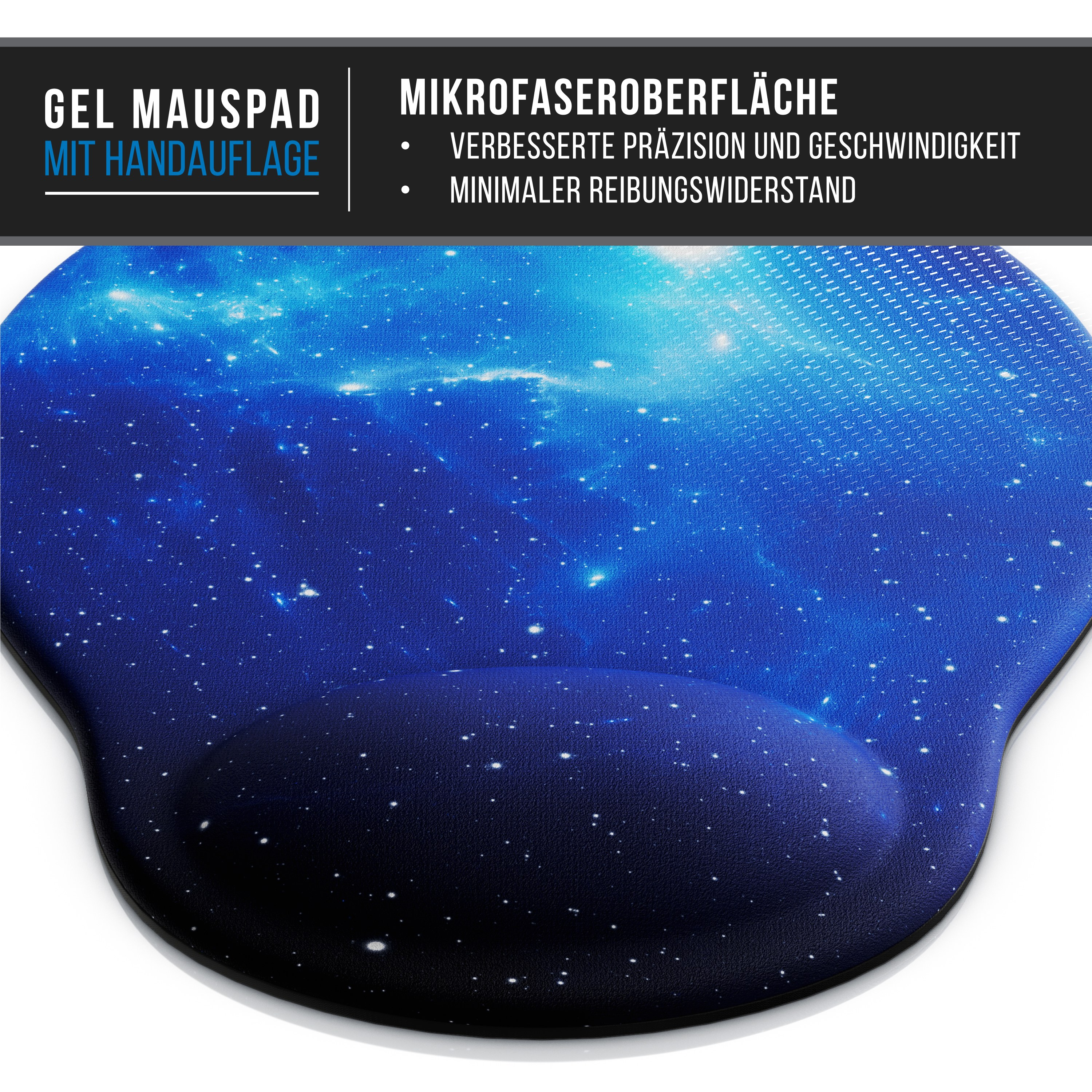 Blau-schwarzes Gel-Mousepad mit Handauflage, Galaxien-Design.