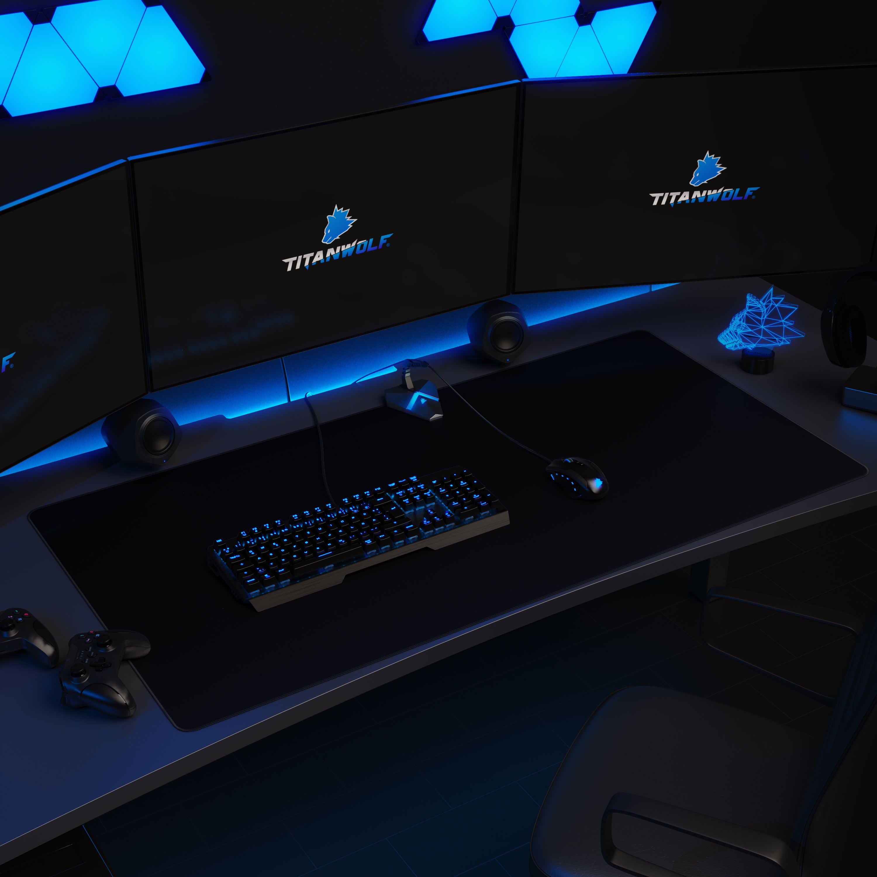 Gaming-Setup mit Monitoren, Tastatur, Maus und Mauspad. Blaue Lichter beleuchten die Szene.