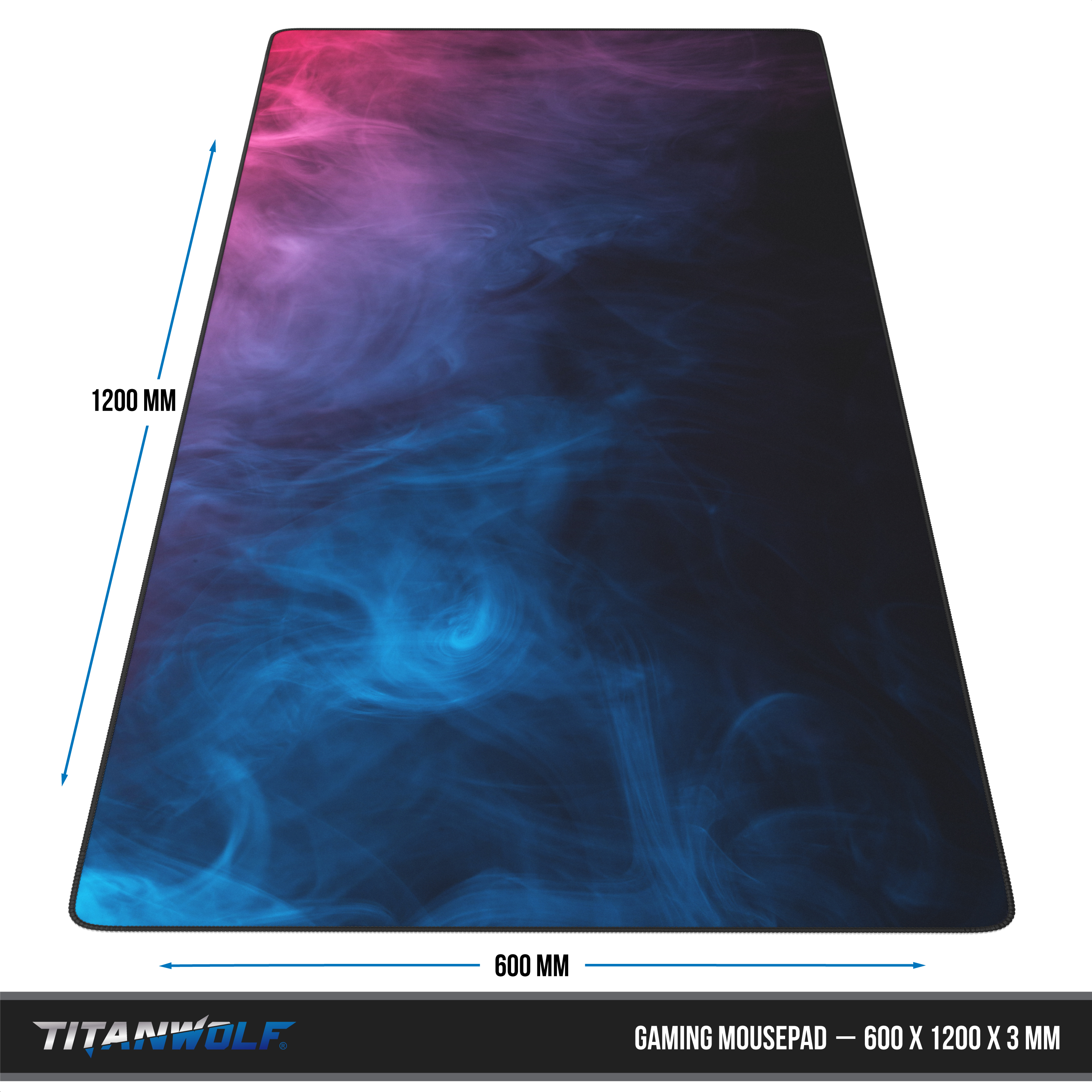 Gaming-Mauspad mit blauem und rosa Rauchdesign, 1200 mm x 600 mm.