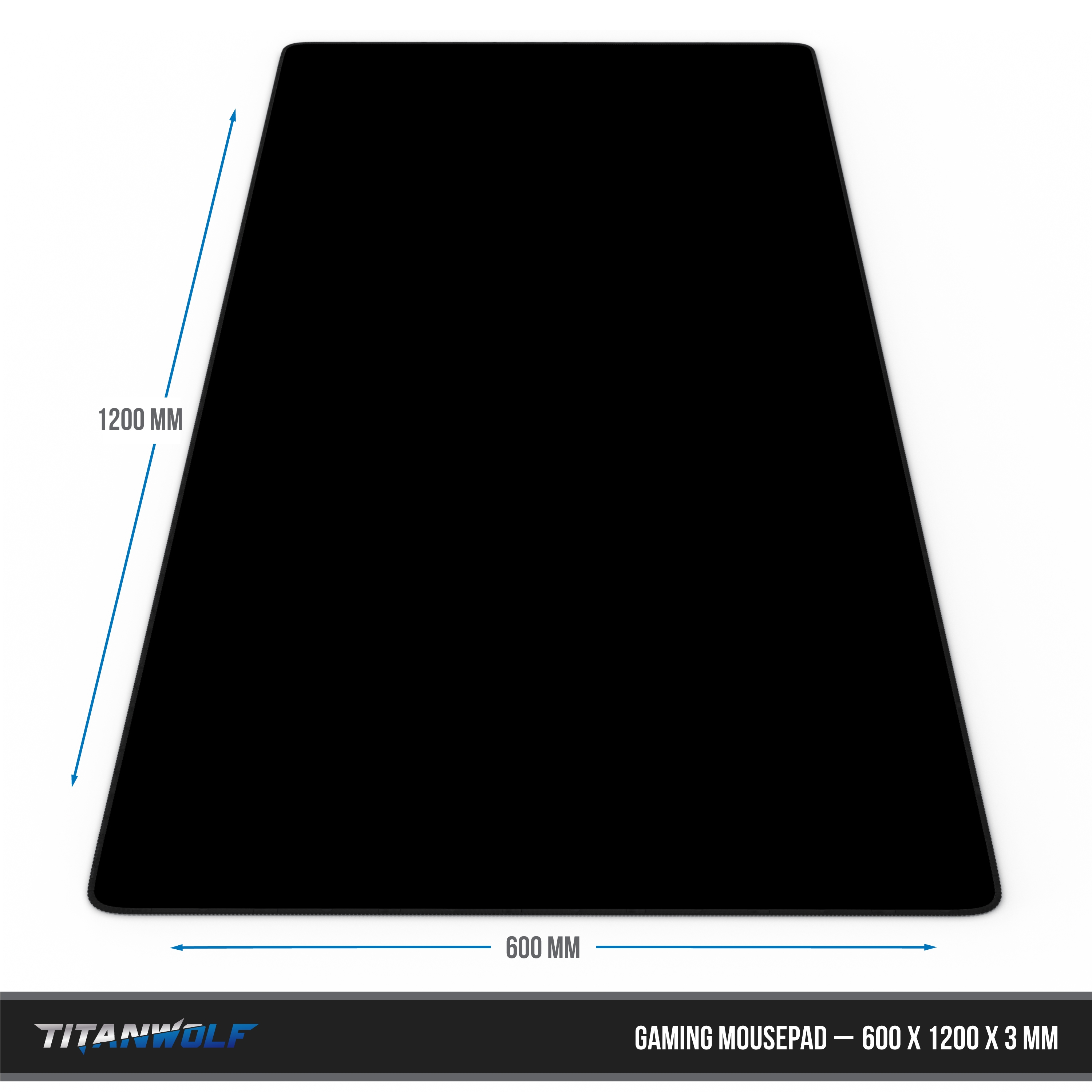 Schwarzes Gaming-Mauspad. Abmessungen: 600 x 1200 x 3 mm. Das Mauspad ist einfarbig schwarz.