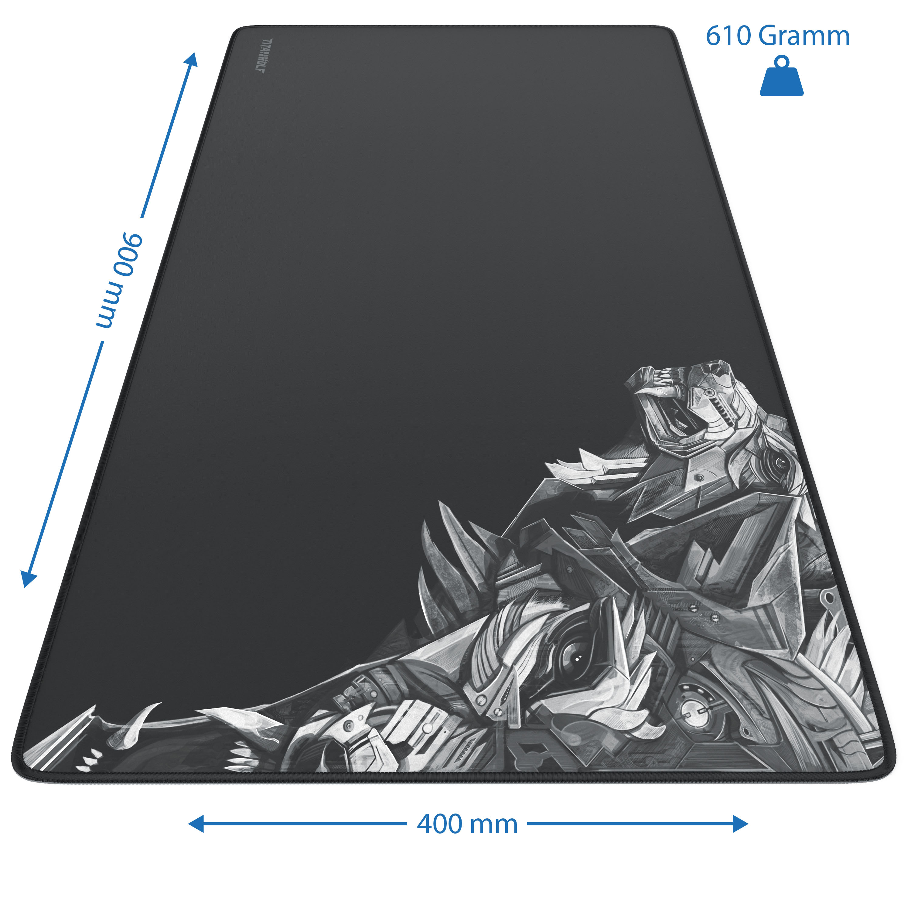 Schwarzes Mousepad mit detaillierter grauer Grafik. Abmessungen sind 900x400 mm. Gewicht 610 Gramm.