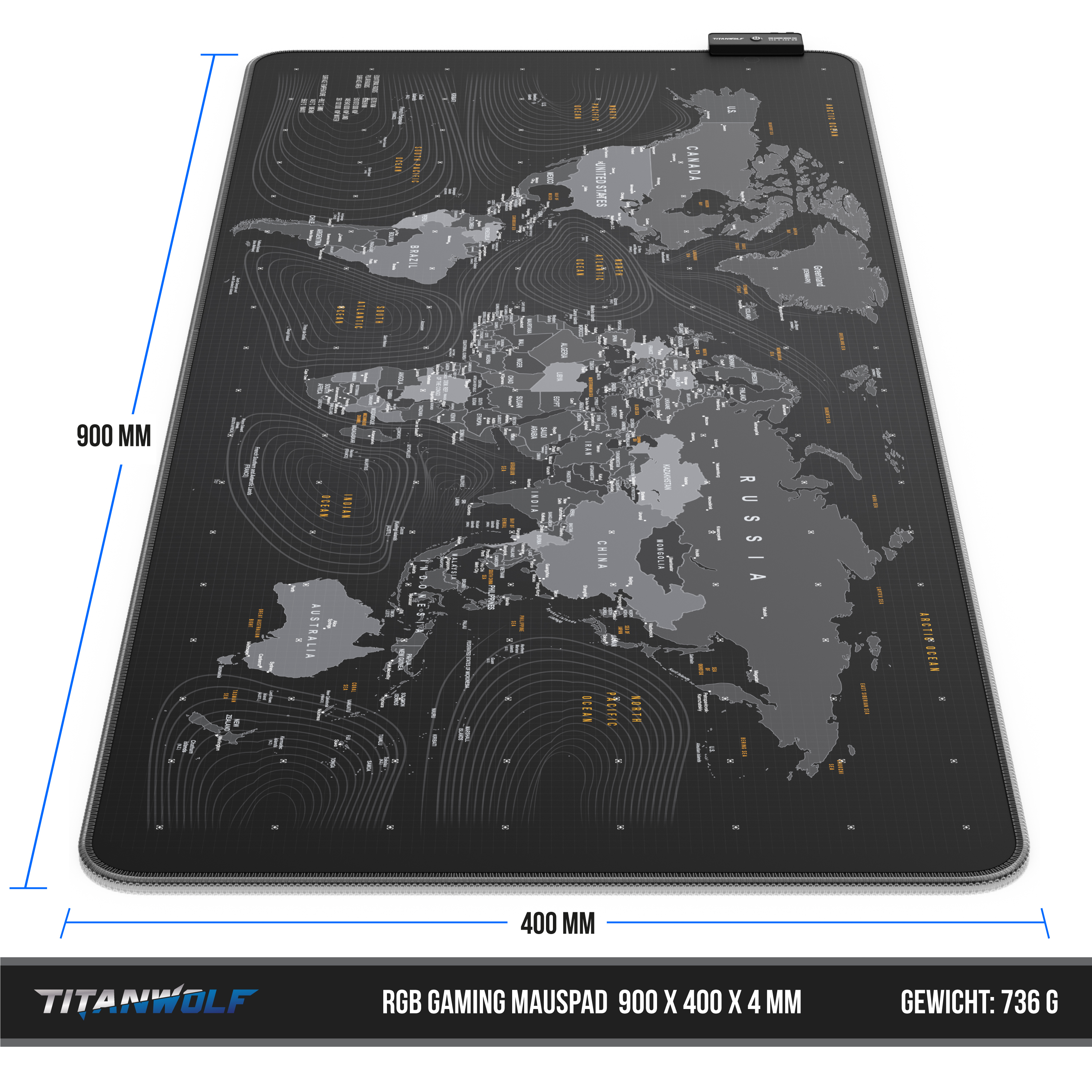 Schwarzes und graues Gaming-Mauspad mit Weltkarten-Design. Abmessungen werden angezeigt.