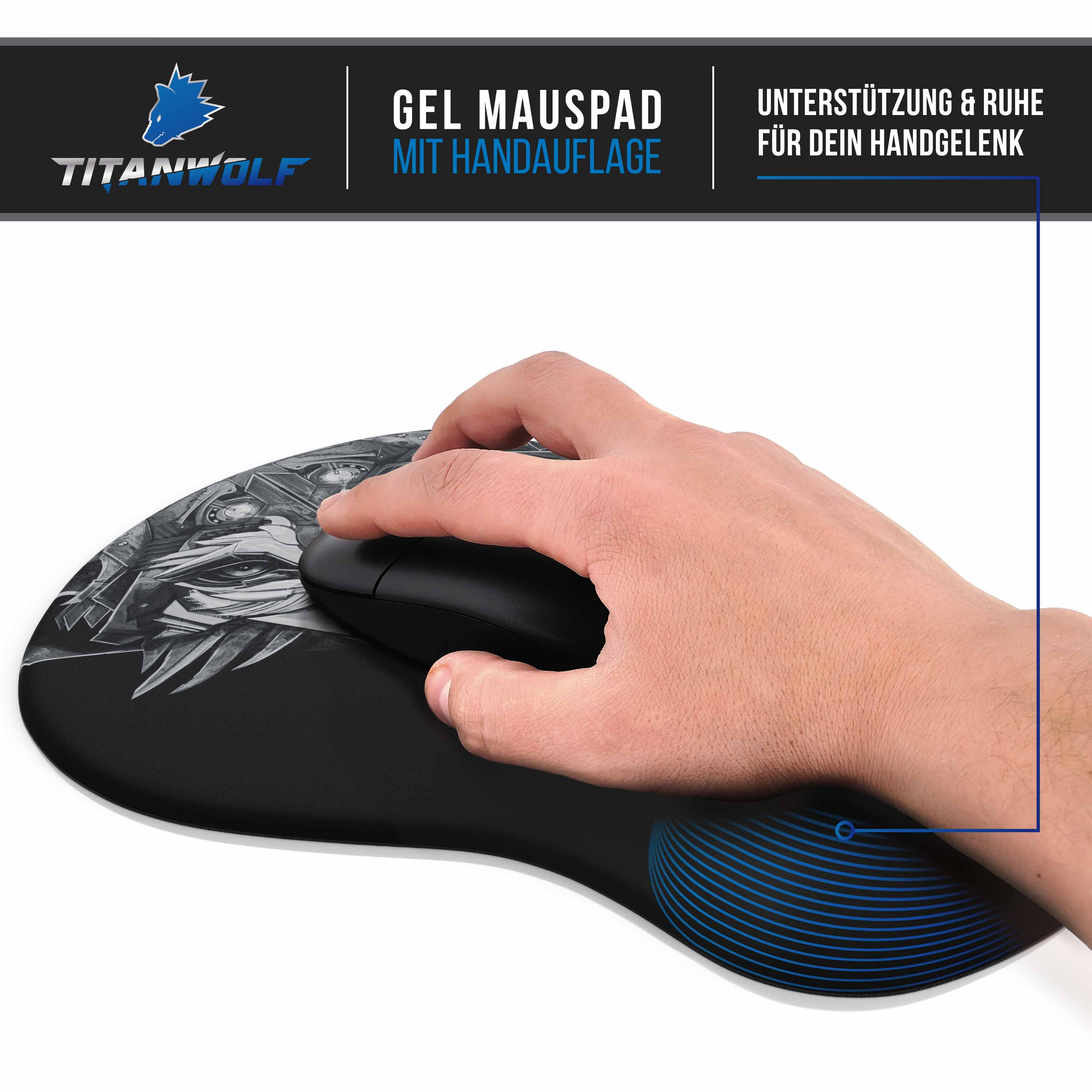 Hand auf einem Mousepad mit Gel-Handgelenkauflage, mit Wolf-Design. Die Maus ist schwarz.