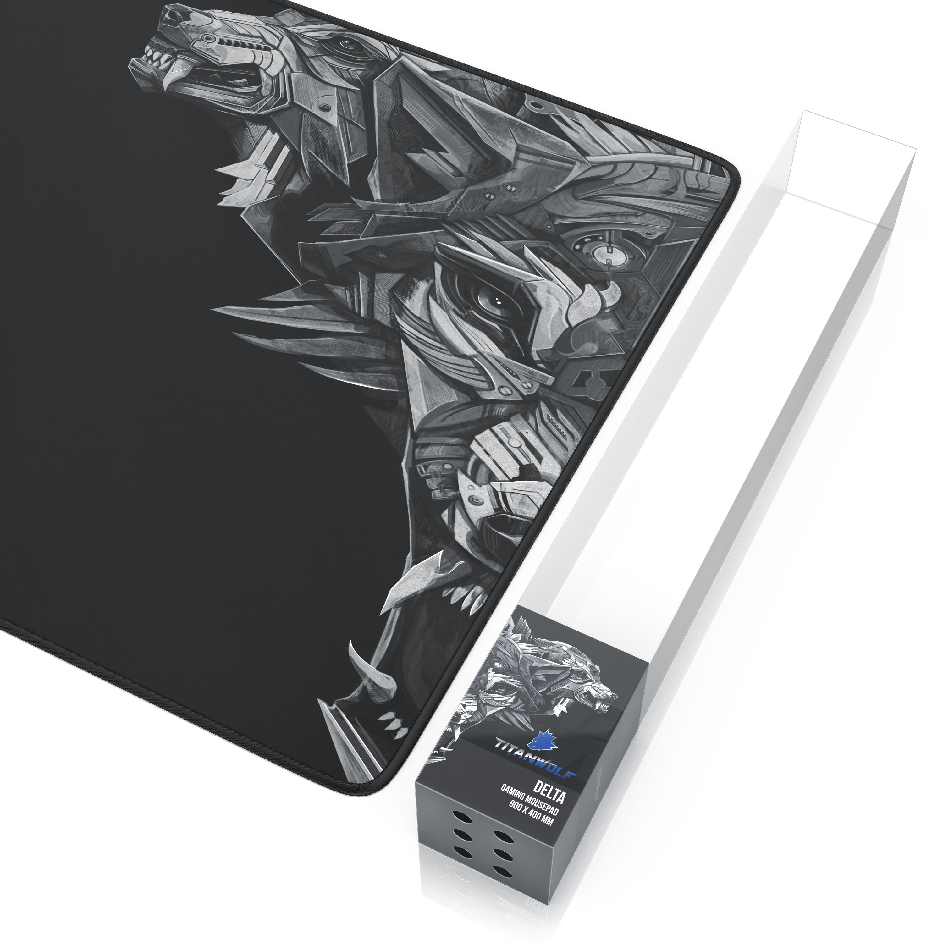 Schwarz-weißes Mauspad mit Wolfsdesign, neben einer Box mit Wolfsdesign.