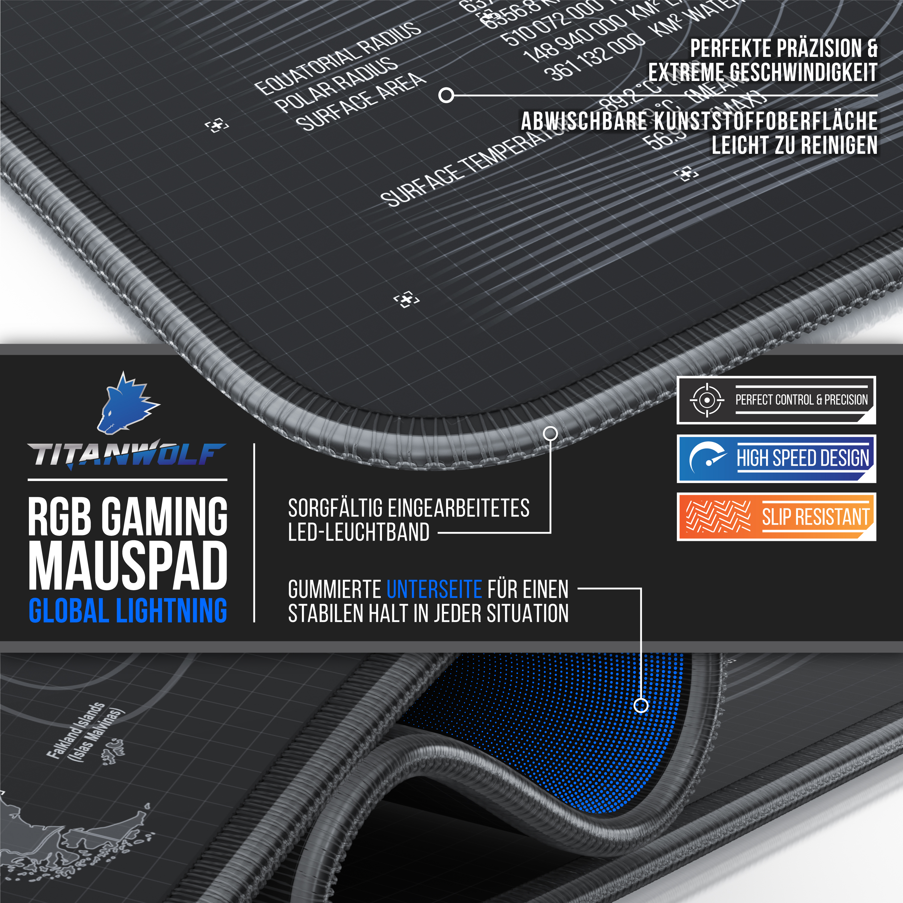 Nahaufnahme eines schwarzen Gaming-Mauspads mit Text und einem detaillierten blau-schwarzen Design.