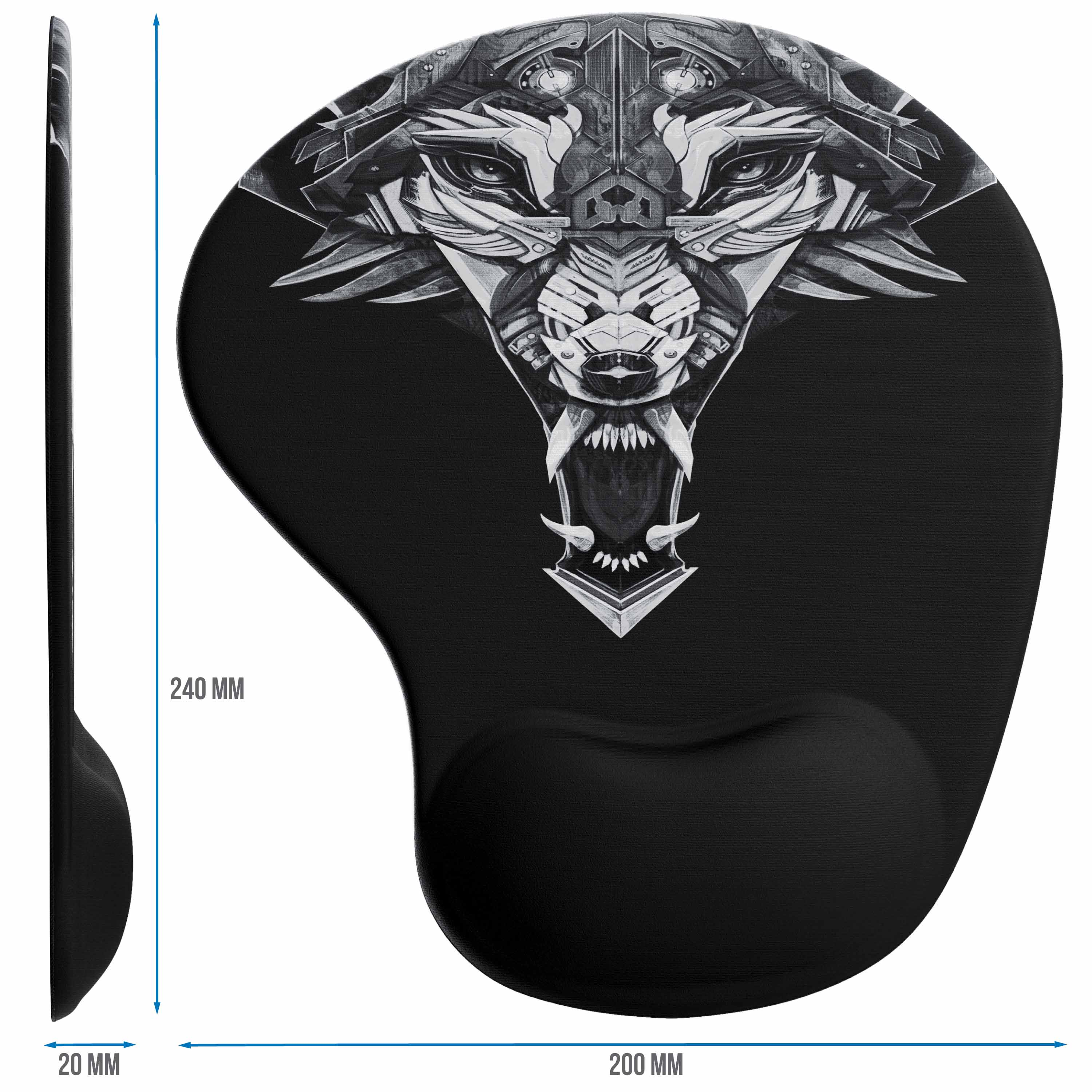 Ergonomisches schwarzes Mauspad mit Wolfskopf-Design, Abmessungen: 200mm x 240mm x 20mm.