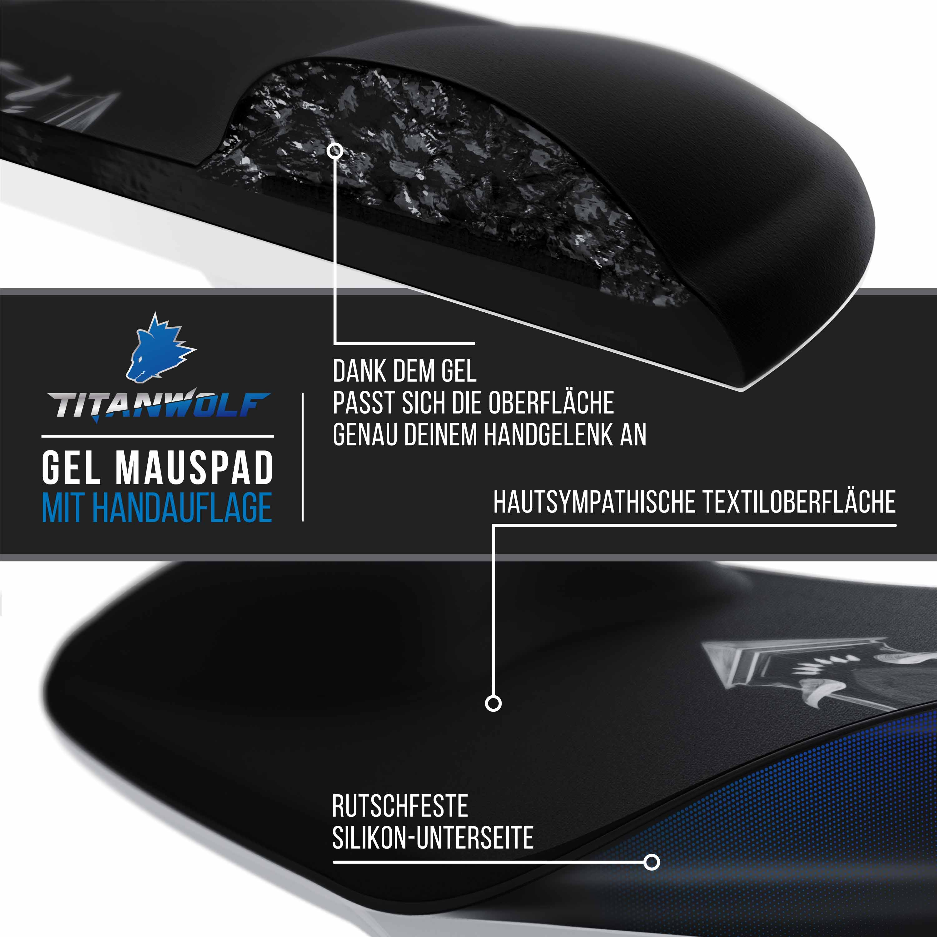 Schwarzes Gel-Mauspad mit weicher Oberfläche und Gel-Unterstützung für das Handgelenk, mit Text und Diagrammen.