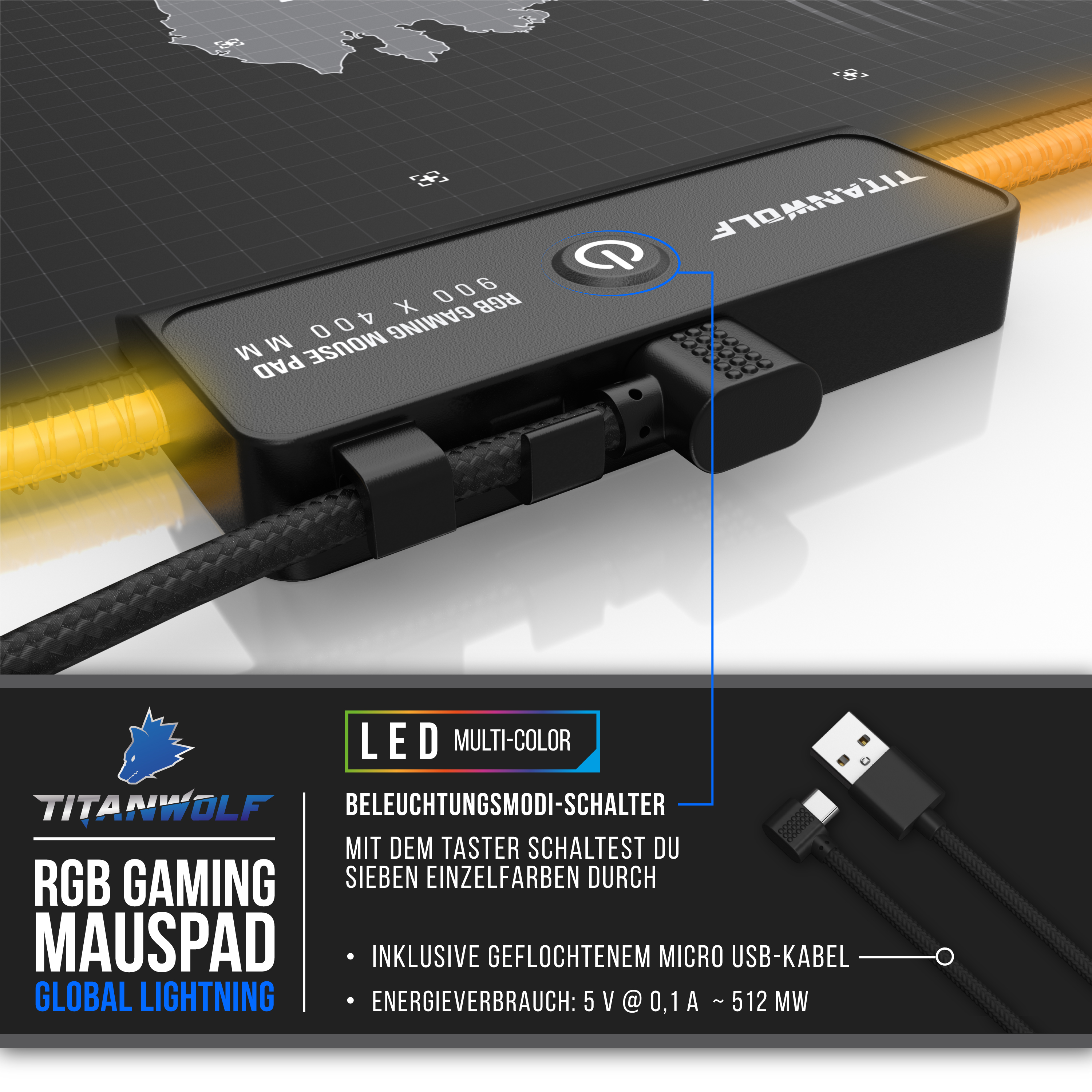 Schwarzes Gaming-Mauspad mit mehrfarbiger LED, USB-Kabel und Bedienfeld.